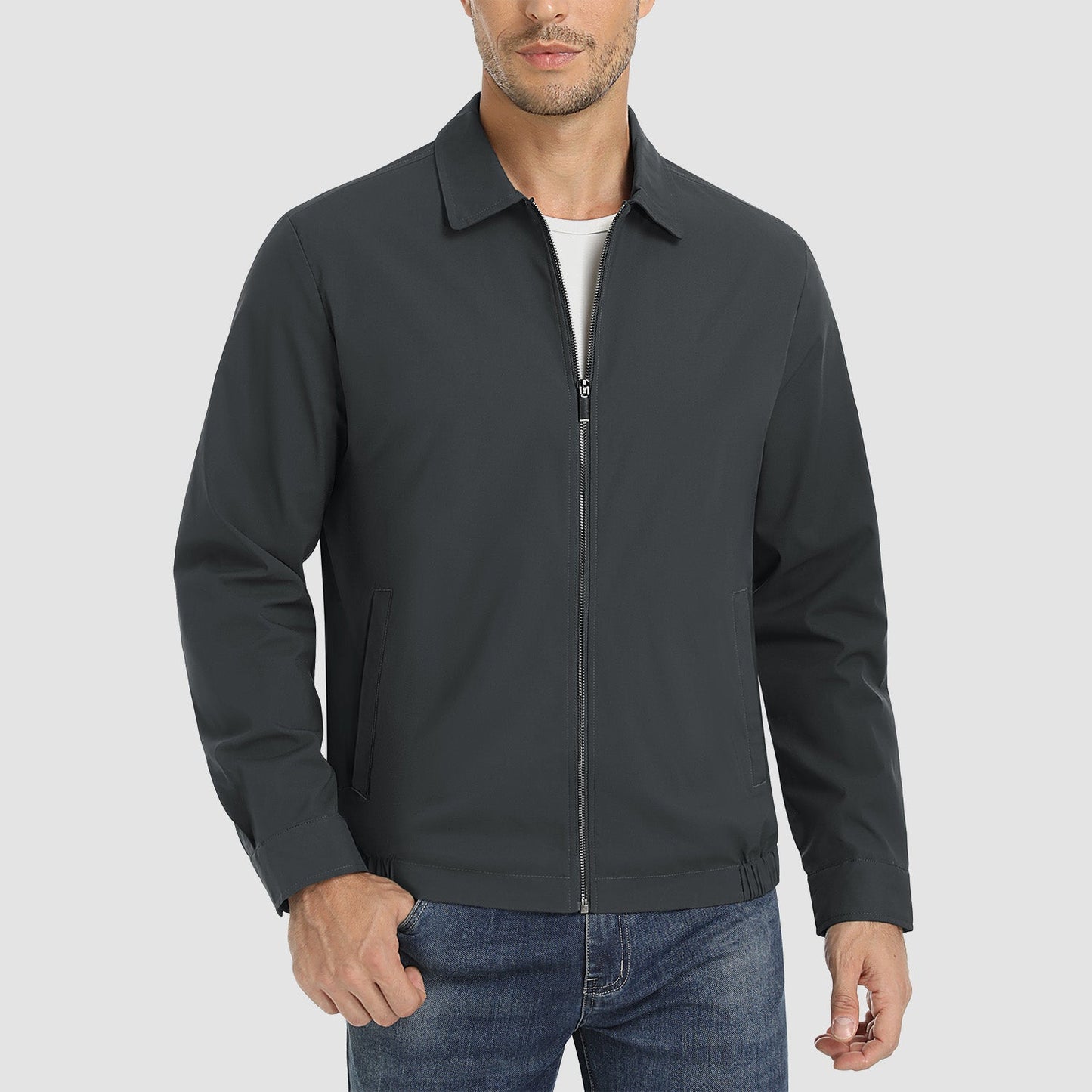 Men's lightweight windproof jacket water-resistant polyester shell multiple pockets outdoor casual style