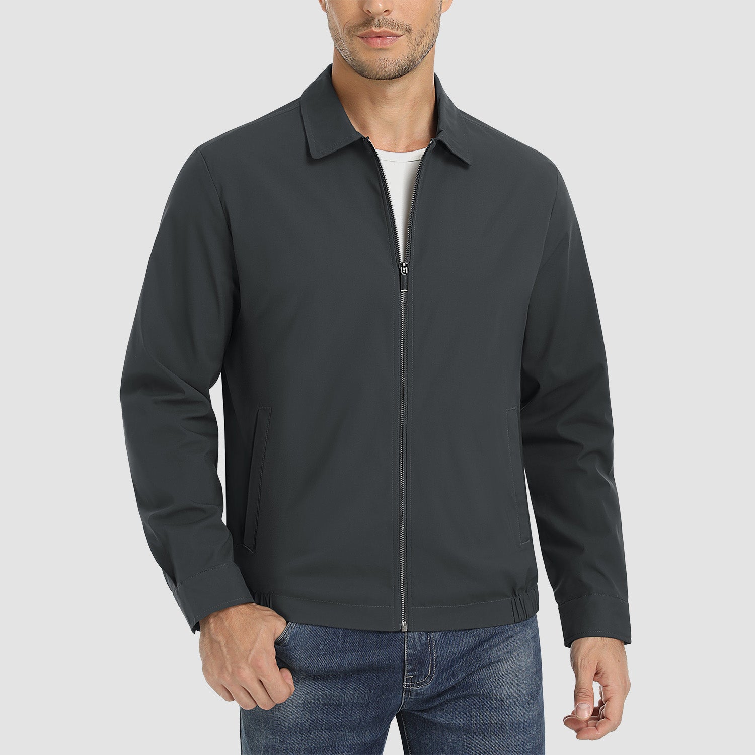 Men's lightweight windproof jacket water-resistant polyester shell multiple pockets outdoor casual style