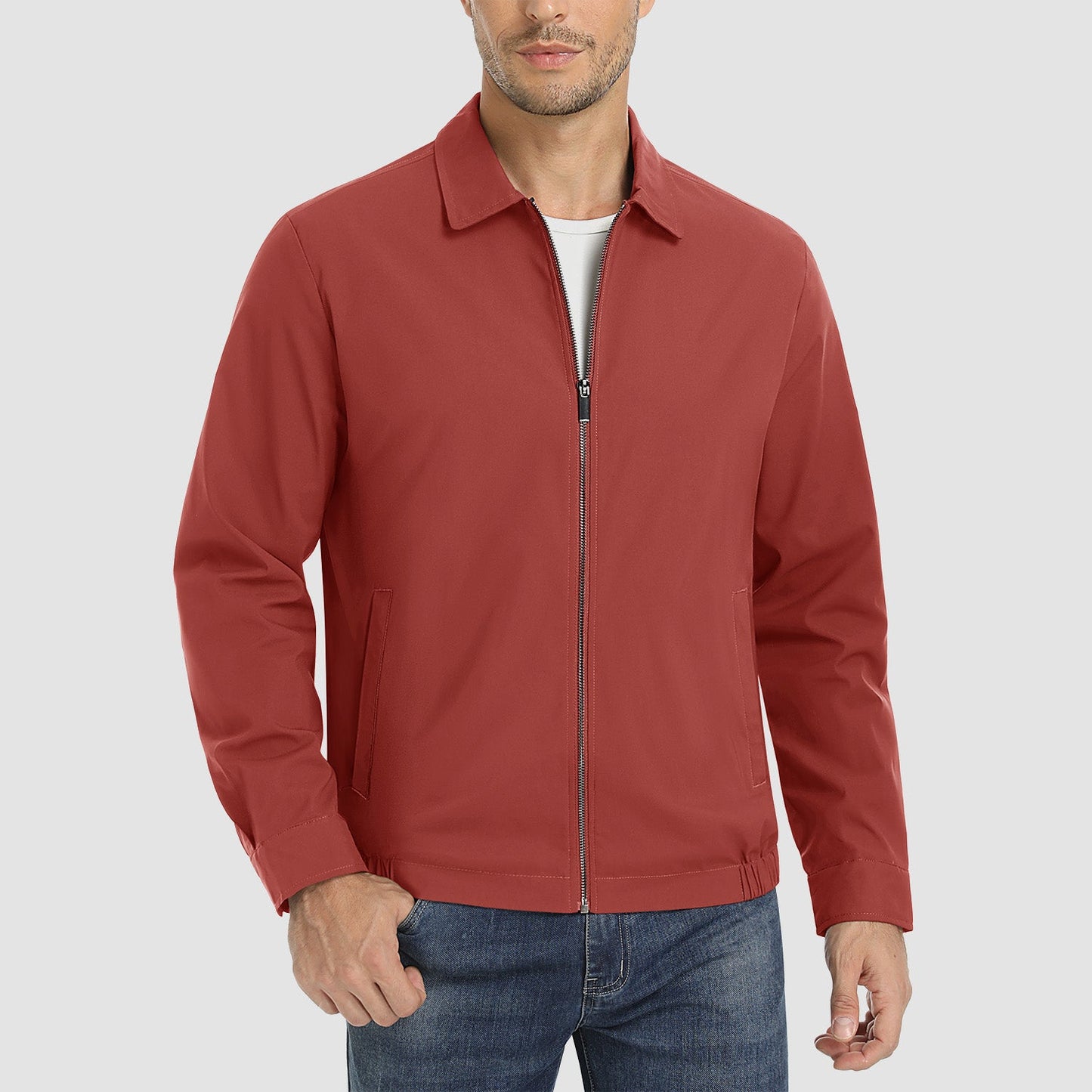 Men's lightweight windproof jacket, water-resistant polyester shell, casual outdoor style with multiple pockets