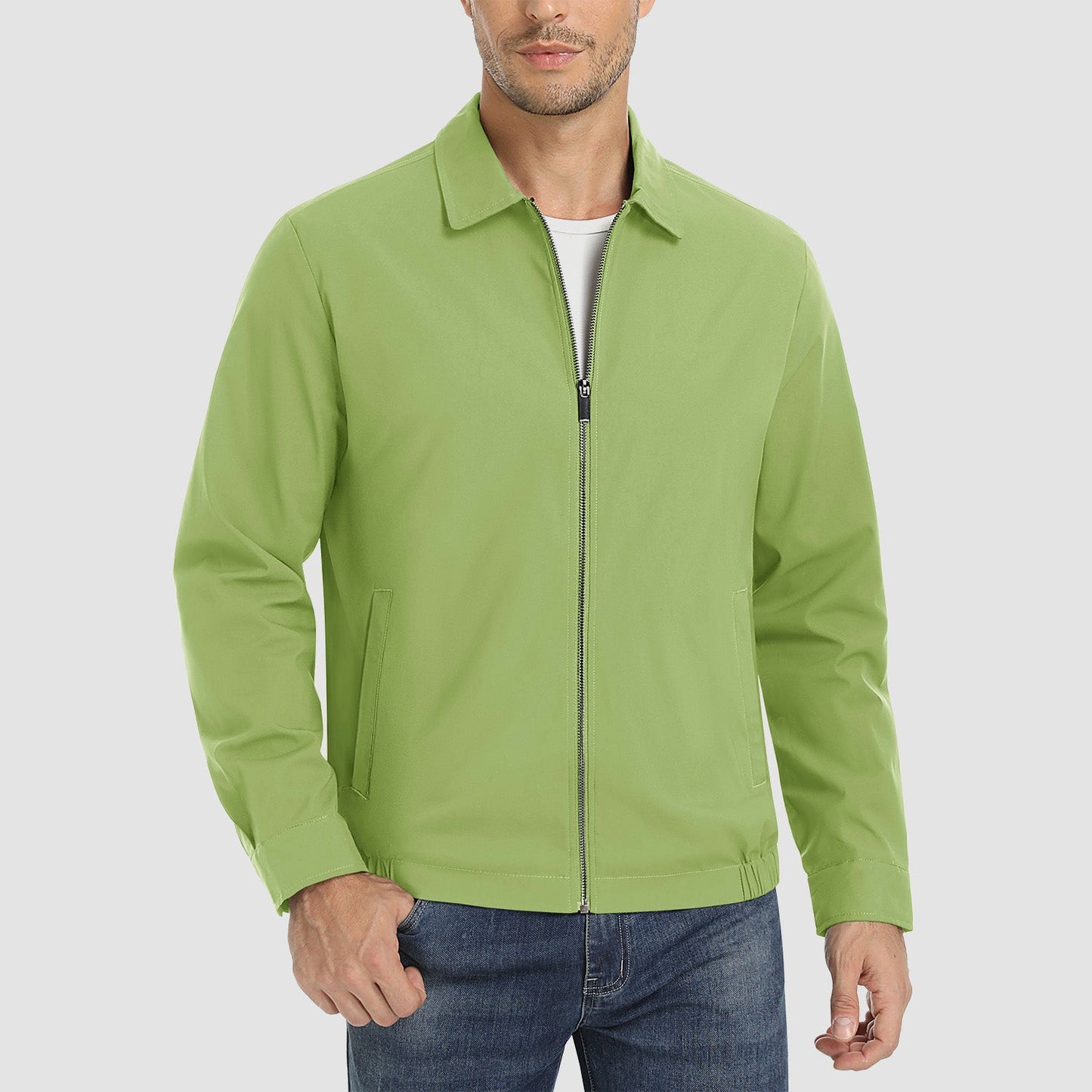 Men's lightweight windproof jacket water-resistant polyester shell multiple pockets outdoor casual style