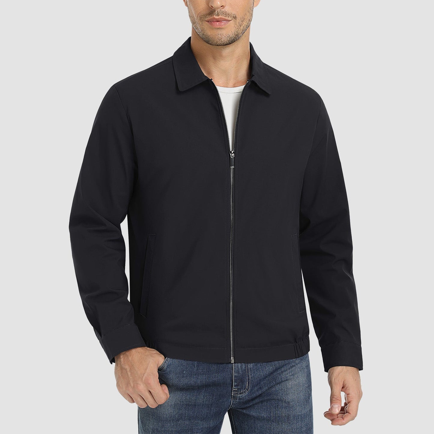 Men's lightweight windproof jacket water-resistant polyester shell multiple pockets outdoor casual style