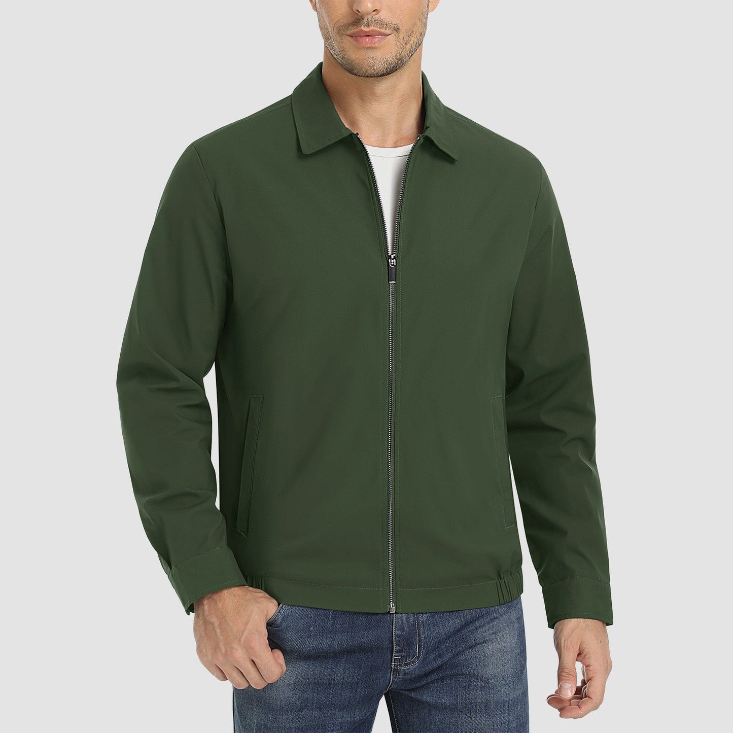 Men's lightweight windproof jacket water-resistant polyester shell multiple pockets outdoor casual style