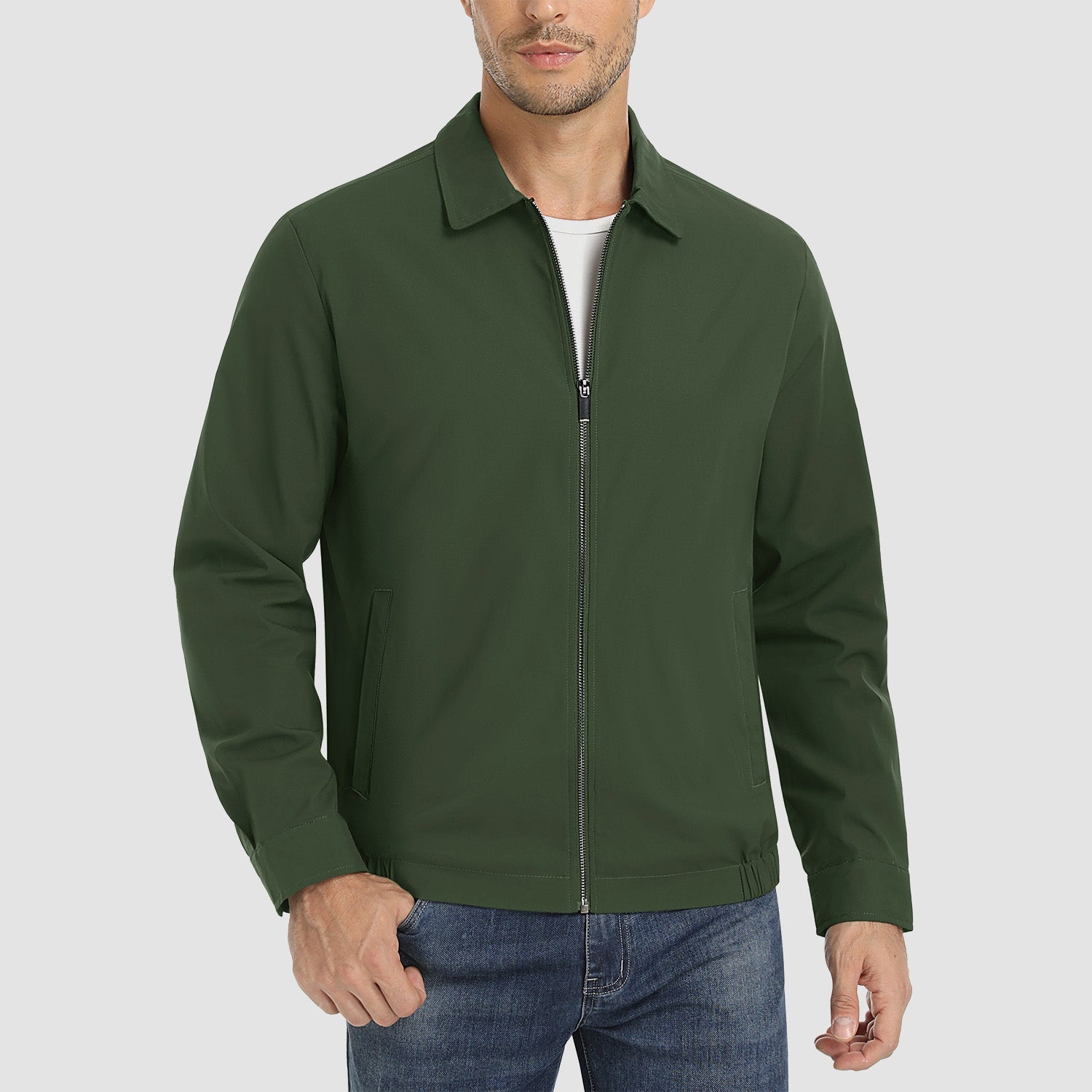 Men's lightweight windproof jacket water-resistant polyester shell multiple pockets outdoor casual style