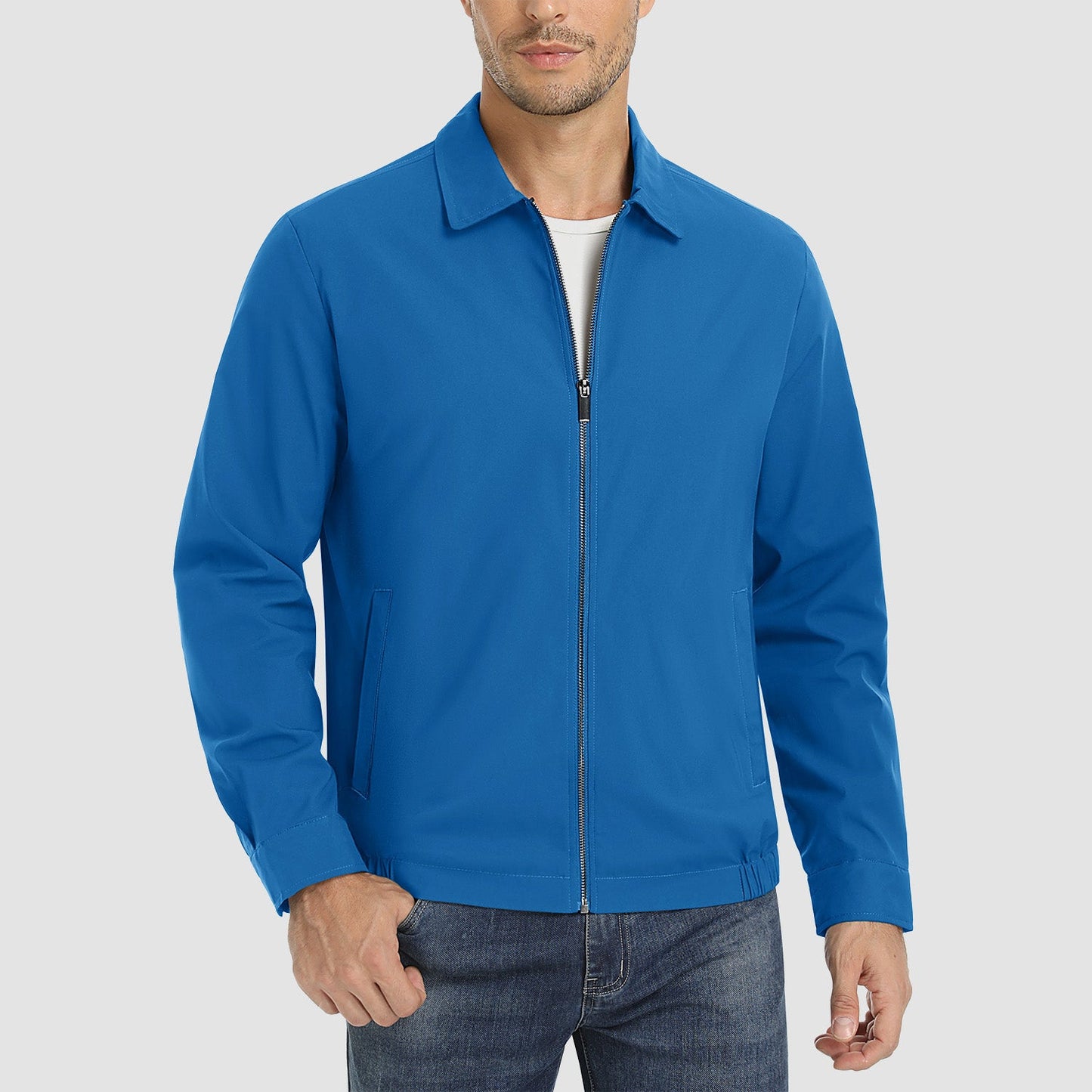 Men's lightweight windproof jacket, water-resistant polyester shell, casual outdoor style with multiple pockets