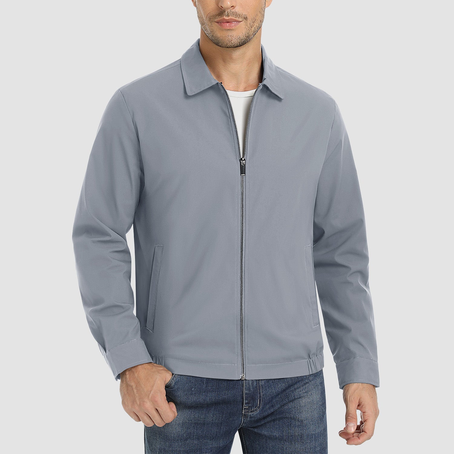Men's lightweight windproof jacket, water-resistant polyester shell with multiple pockets for outdoor use