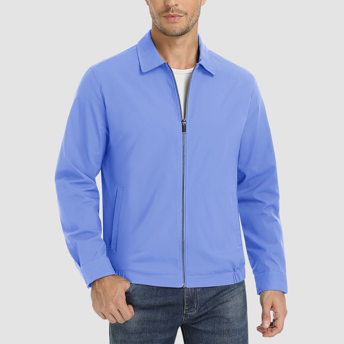 Men's lightweight windproof jacket water-resistant polyester shell multiple pockets outdoor casual style