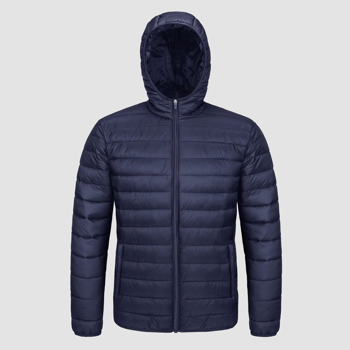 Men's lightweight hooded puffer jacket water-resistant windproof with zip pockets slim fit