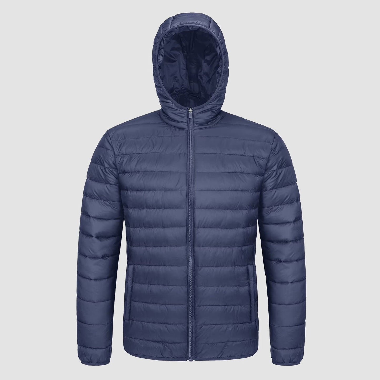 Men's lightweight quilted hooded puffer jacket full-zip windproof nylon shell for warmth