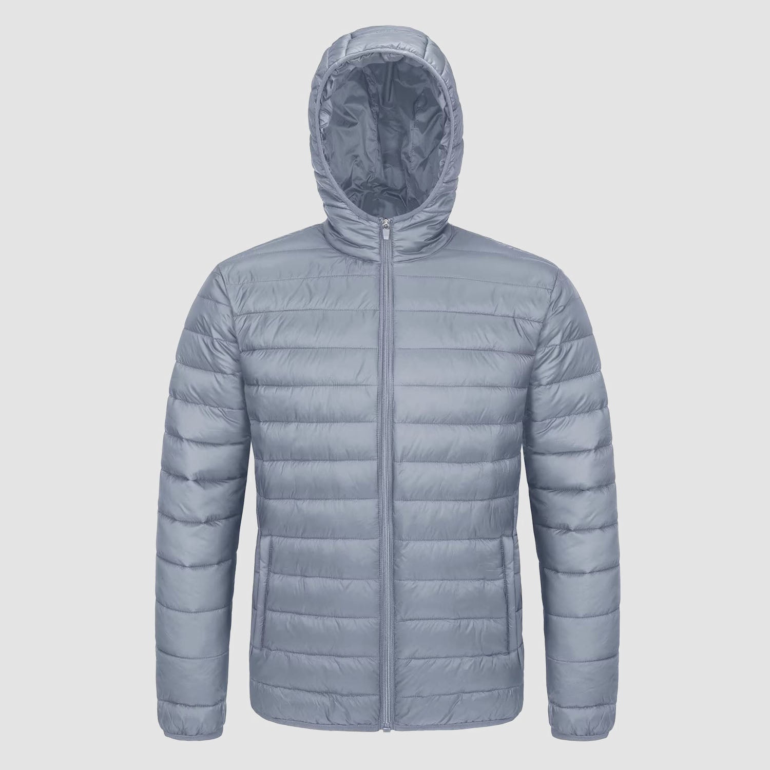 Men's lightweight hooded puffer jacket water-resistant windproof with zip pockets, slim fit warmth