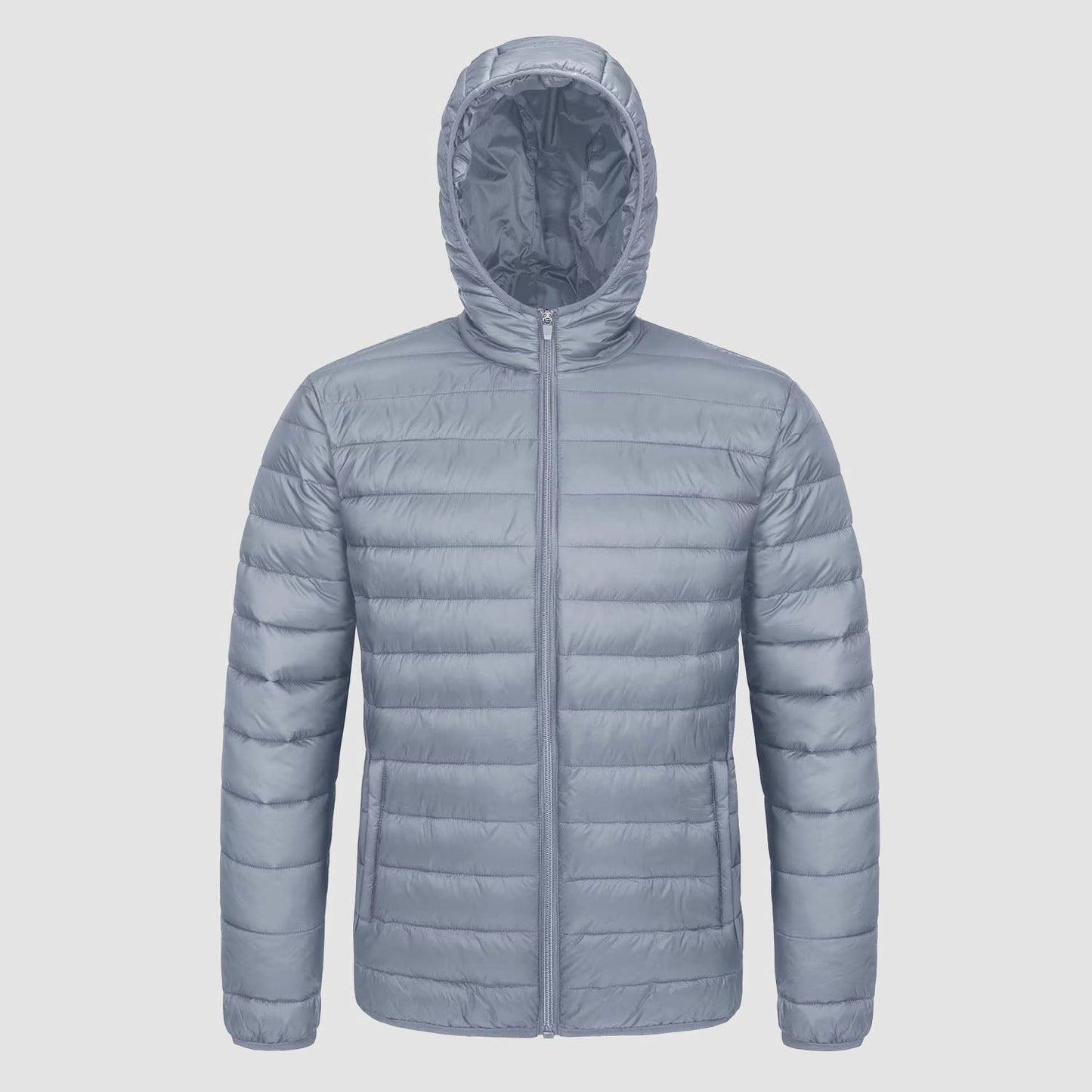 Men's lightweight quilted hooded puffer jacket full-zip navy blue windproof elastic cuffs