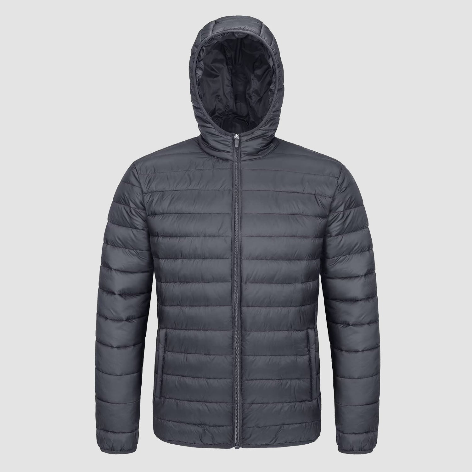 Men's lightweight hooded puffer jacket, water-resistant windproof nylon with zip pockets