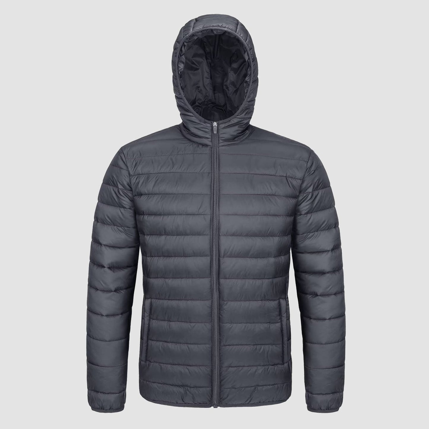 Men's lightweight quilted hooded puffer jacket full-zip closure windproof nylon navy blue slim fit