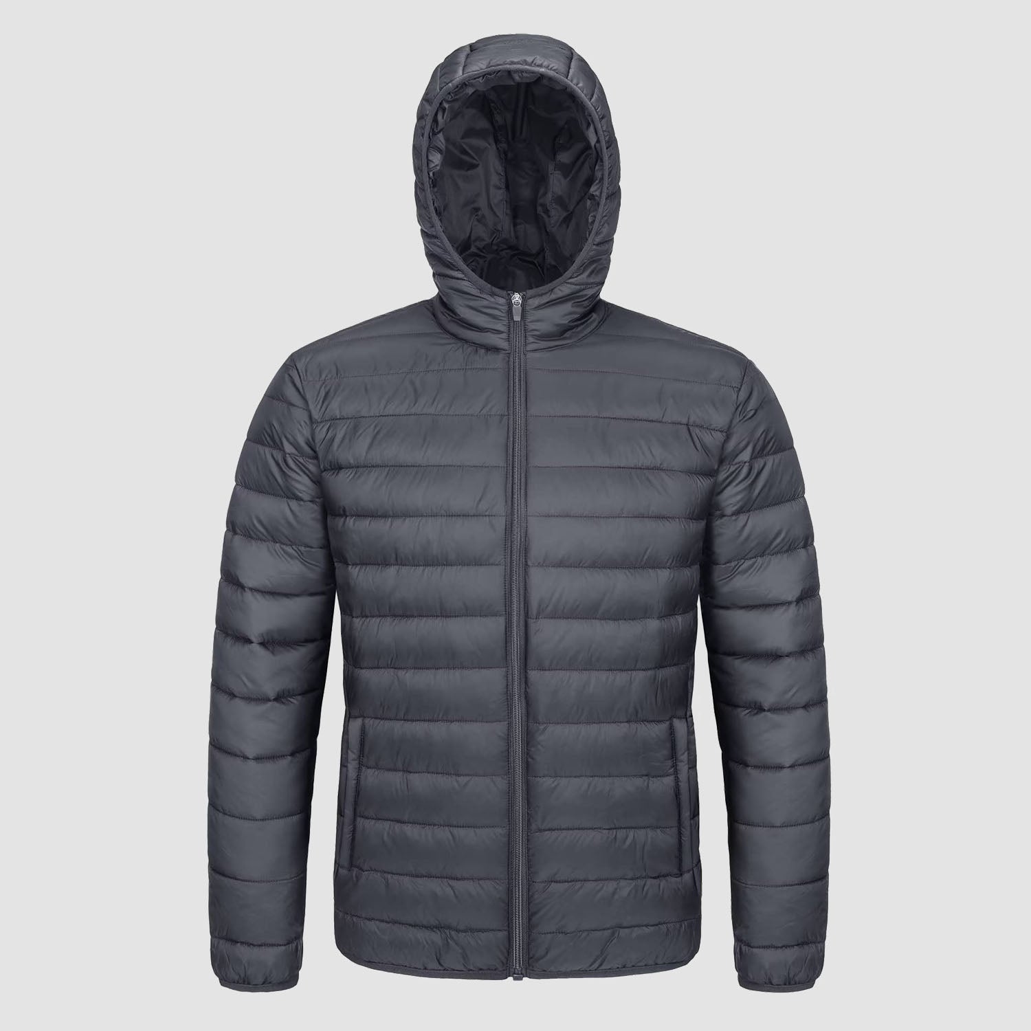 Men's lightweight quilted hooded puffer jacket full-zip closure windproof nylon navy blue slim fit