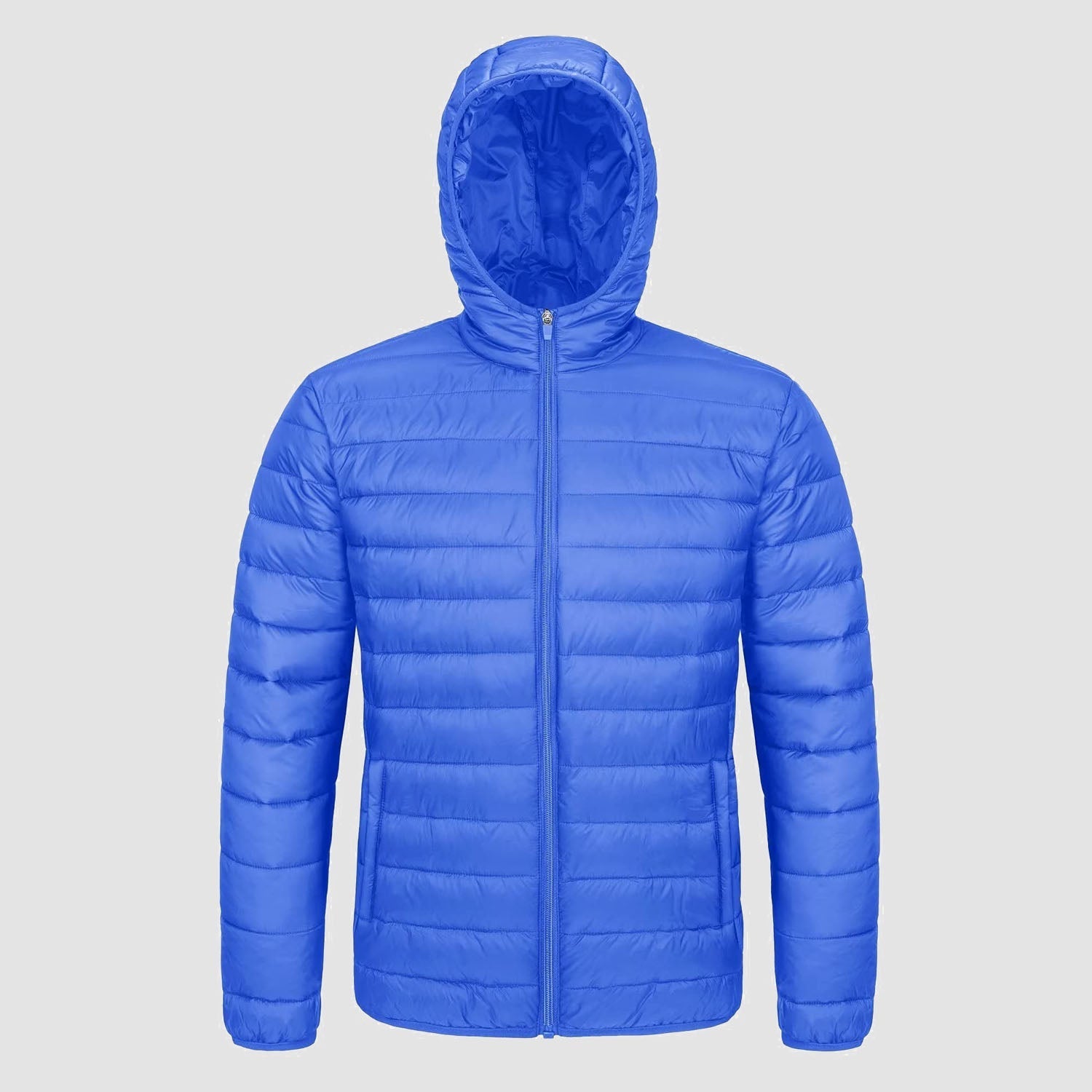 Men's lightweight quilted hooded puffer jacket full-zip closure windproof nylon navy blue slim fit