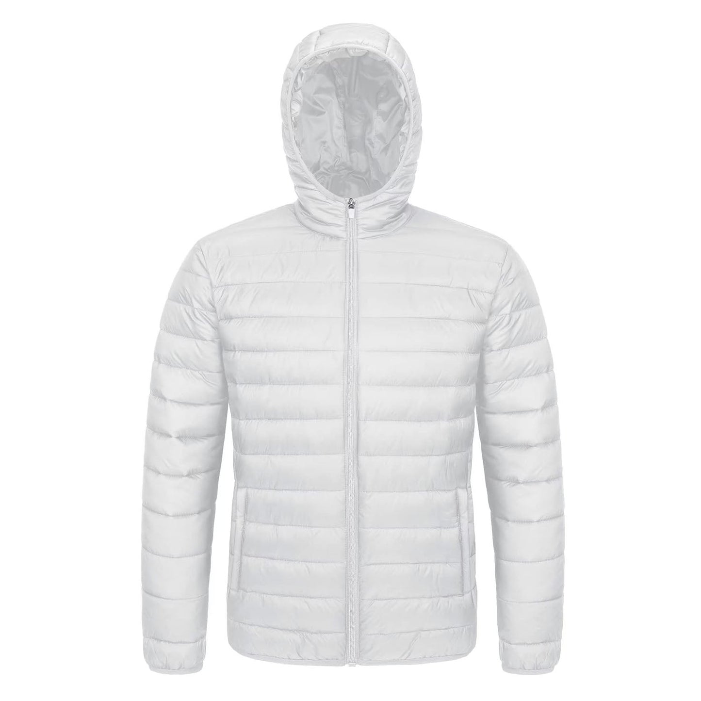 Men's lightweight hooded puffer jacket, water-resistant windproof nylon with zip pockets