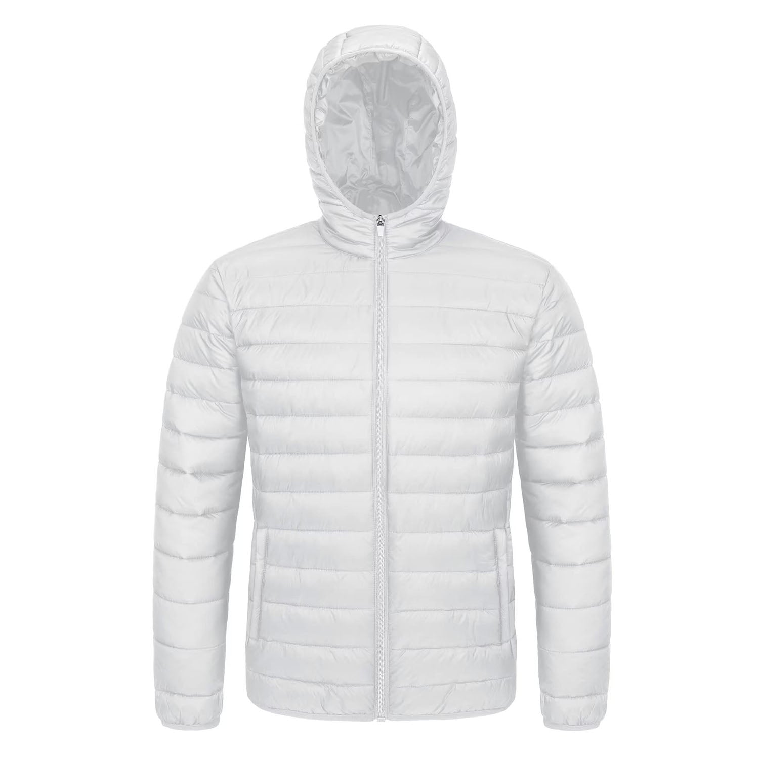 Men's lightweight hooded puffer jacket, water-resistant windproof nylon with zip pockets