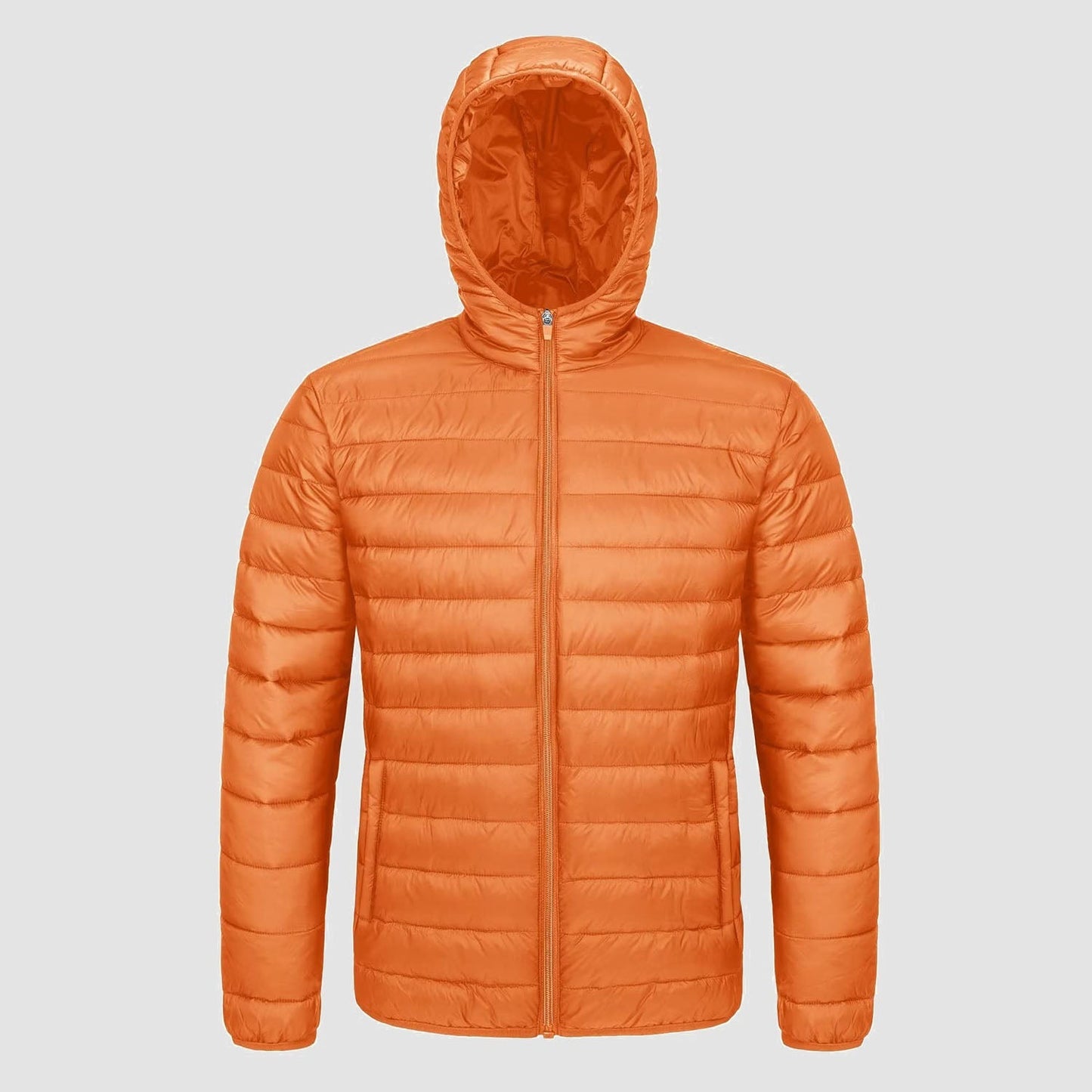 Men's lightweight quilted hooded puffer jacket full-zip closure windproof nylon navy blue slim fit