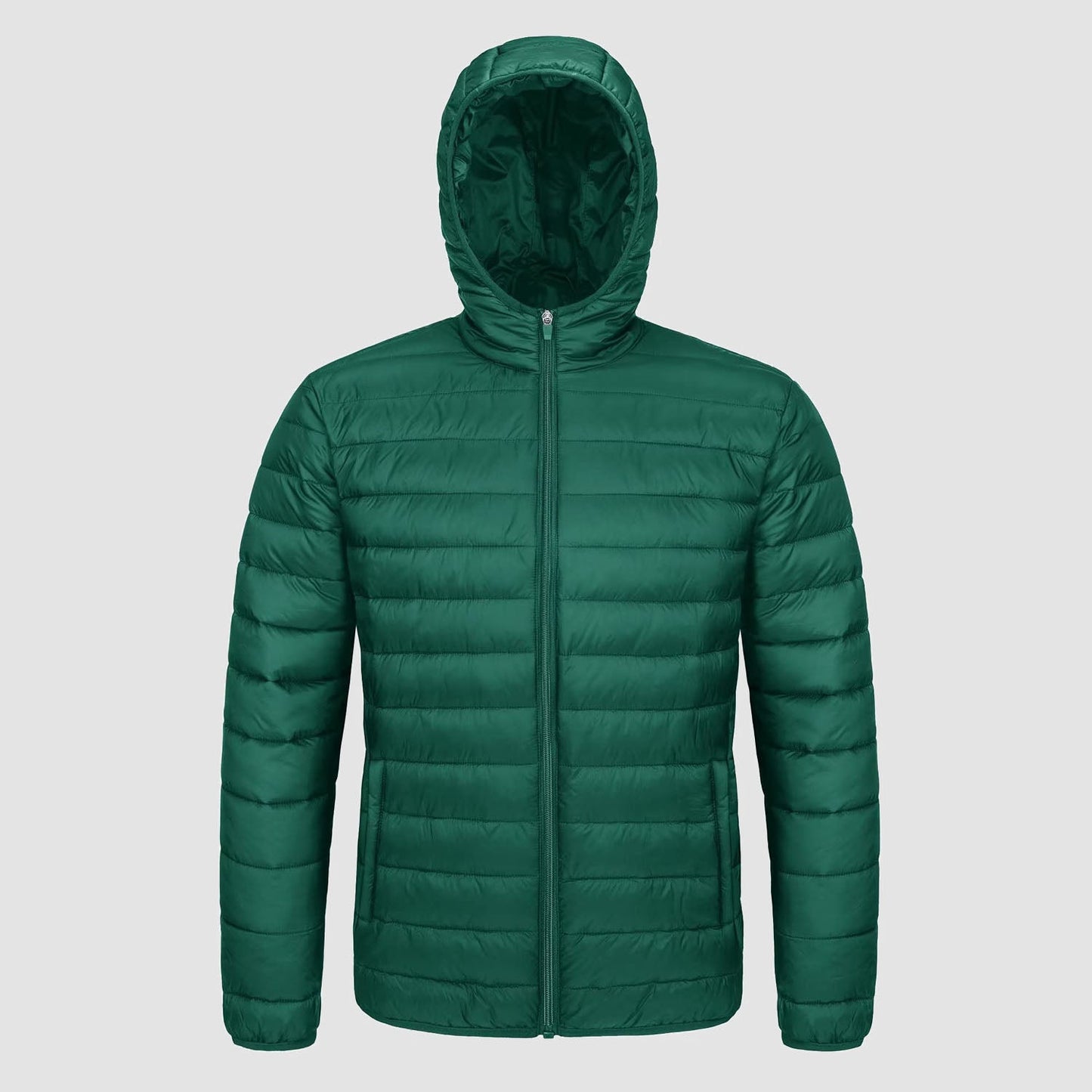 Men's lightweight quilted hooded puffer jacket full-zip closure windproof nylon navy blue slim fit