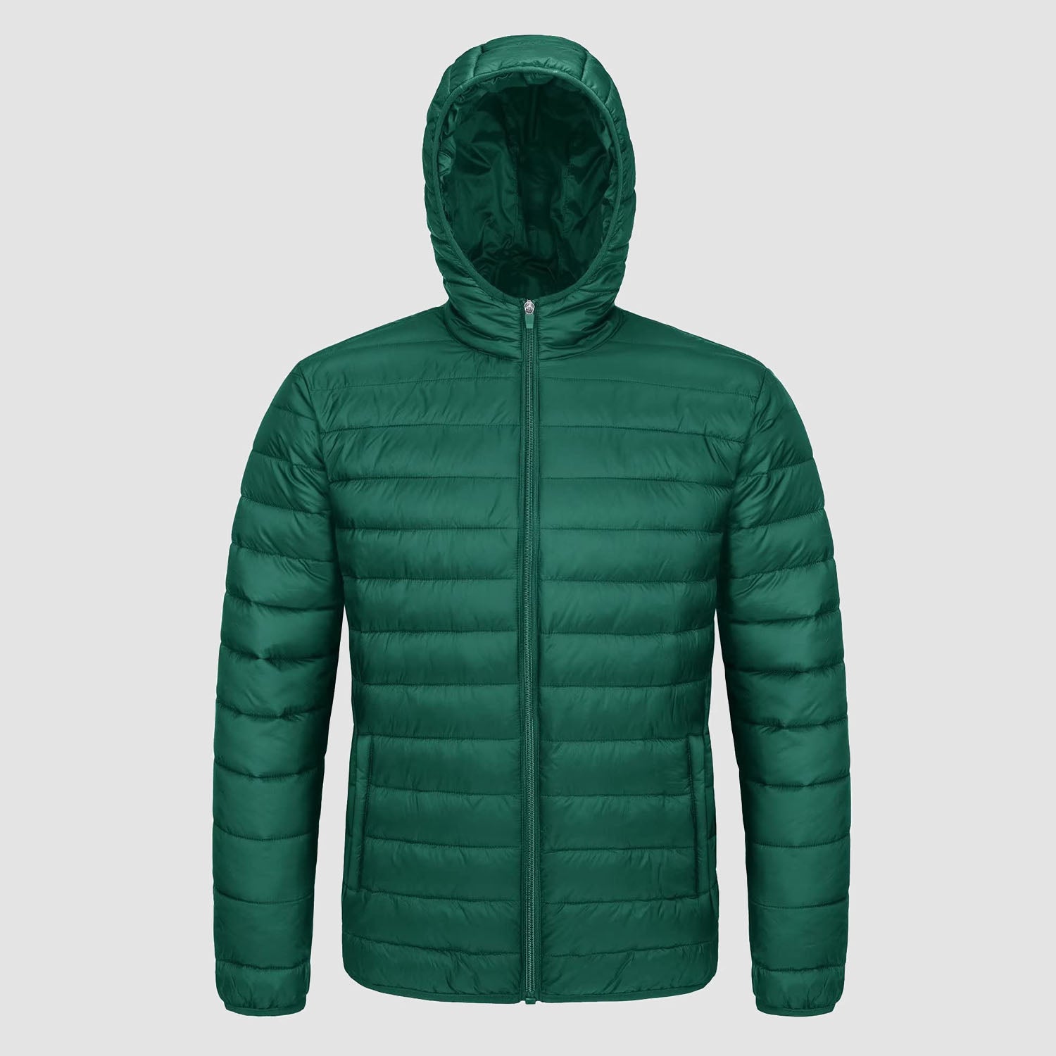 Men's lightweight quilted hooded puffer jacket full-zip closure windproof nylon navy blue slim fit
