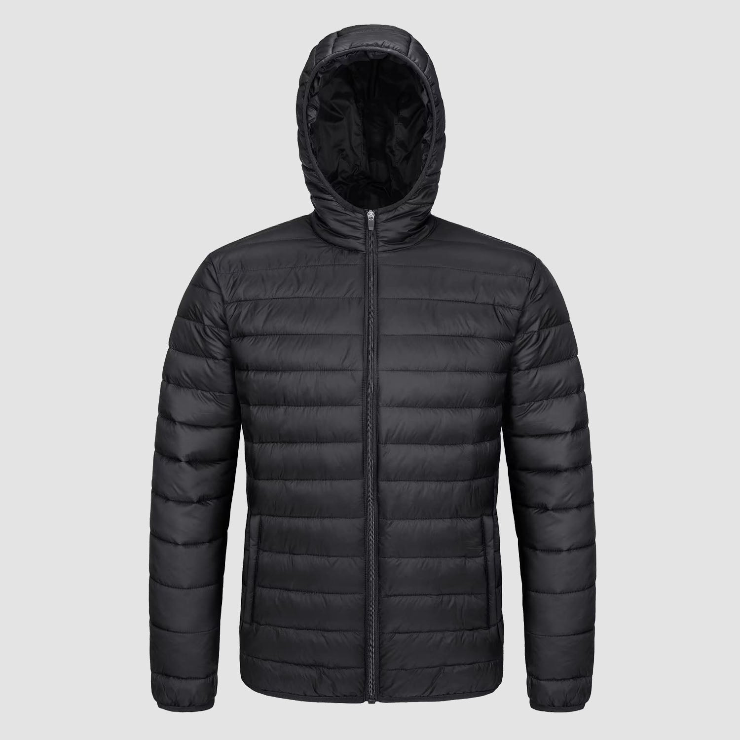 Men's lightweight hooded puffer jacket, water-resistant windproof nylon with zip pockets