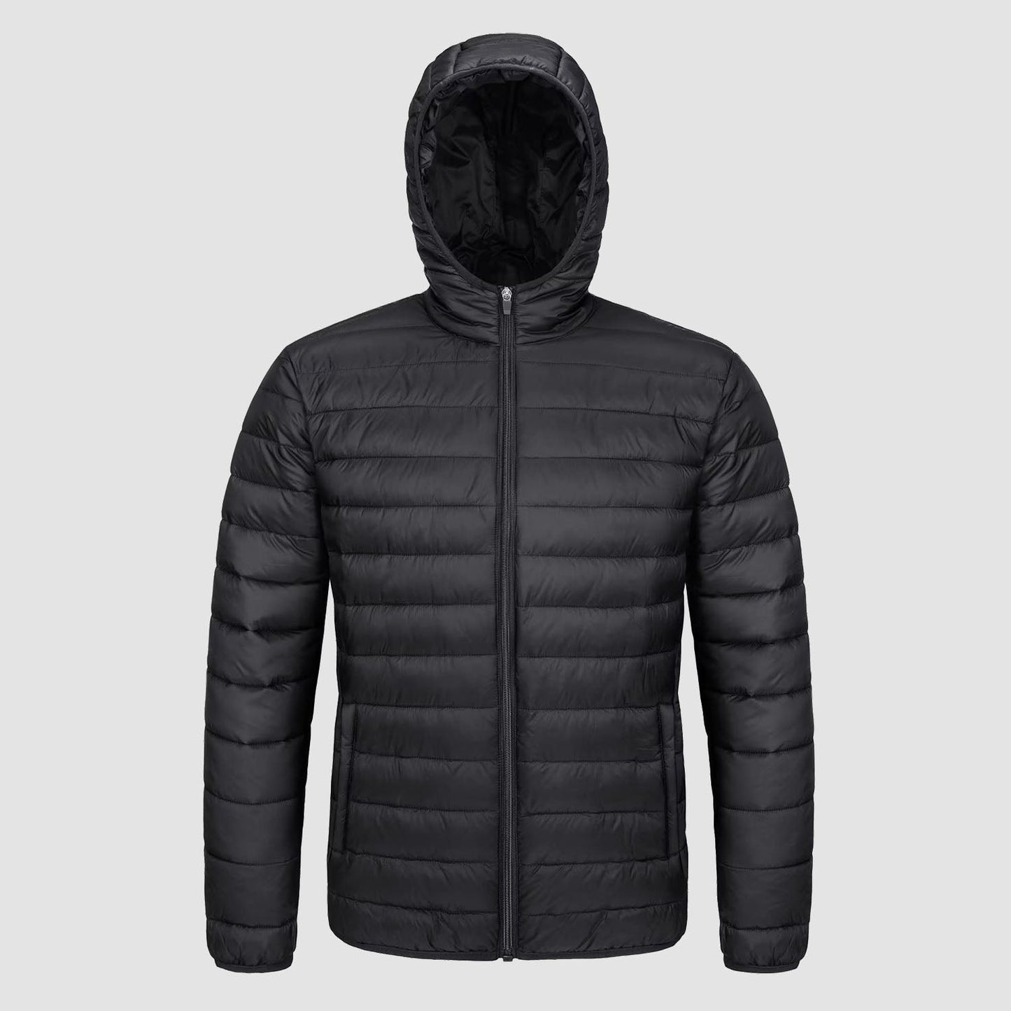 Men's lightweight quilted hooded puffer jacket full-zip closure windproof nylon navy blue slim fit
