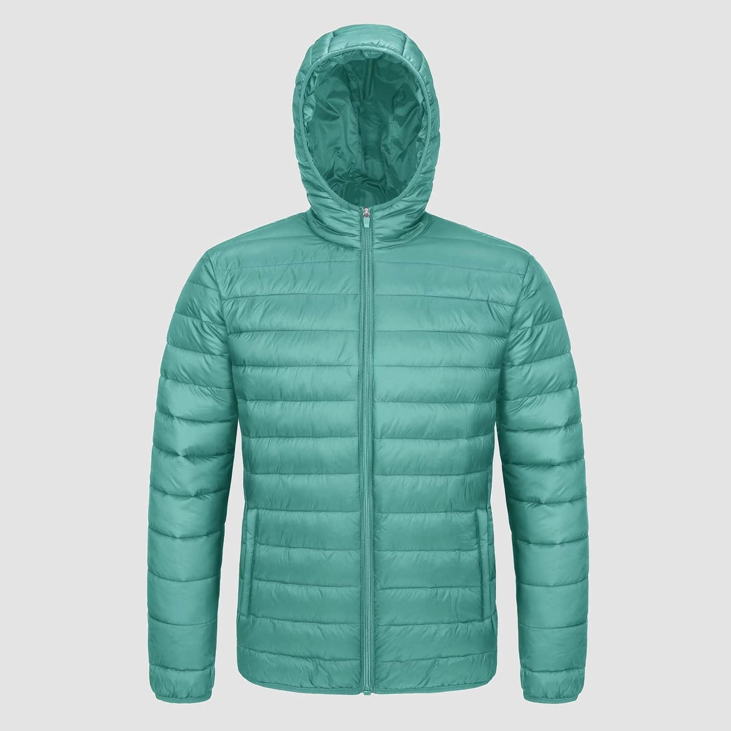 Men's lightweight hooded puffer jacket, water-resistant windproof nylon with zip pockets