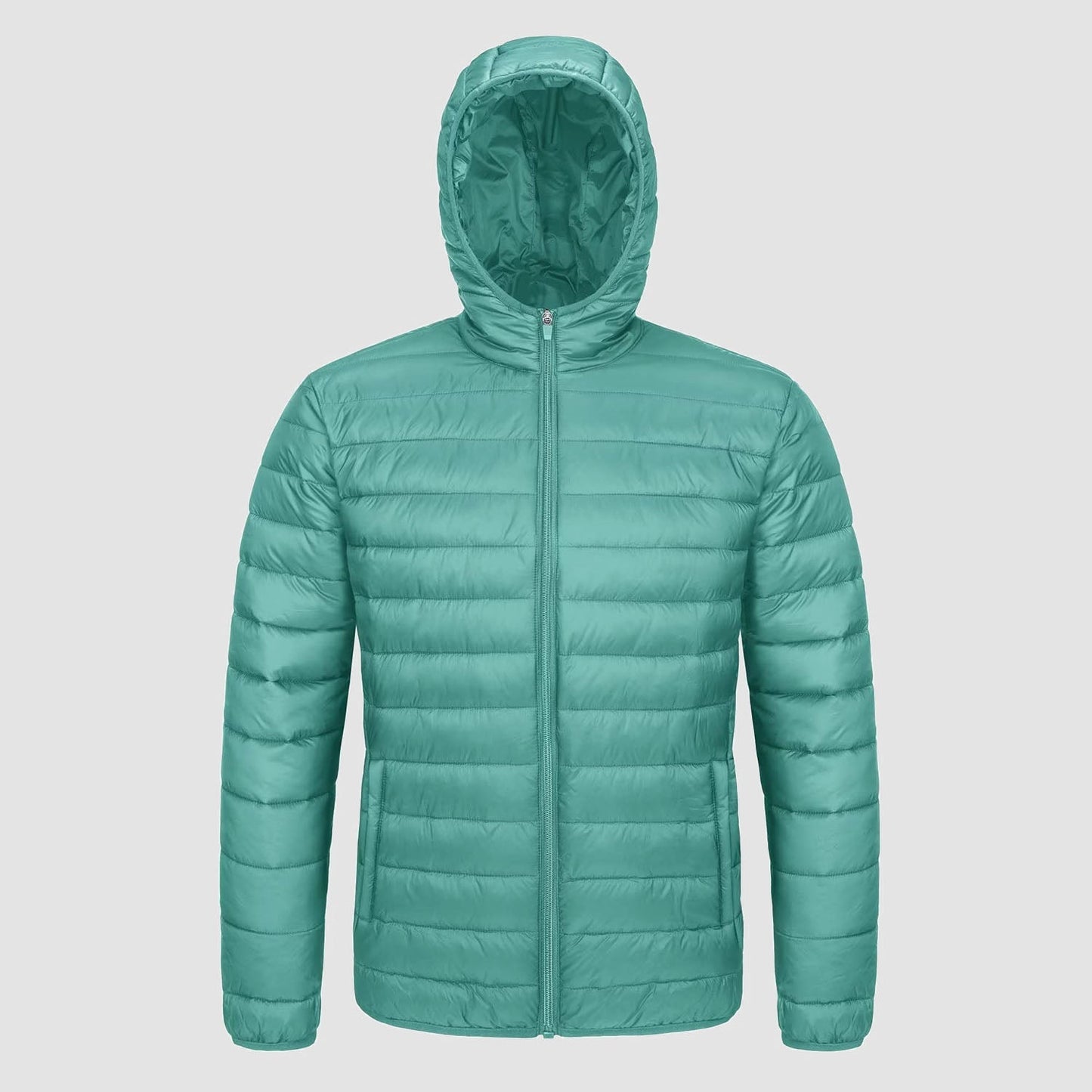 Men's lightweight quilted hooded puffer jacket full-zip navy blue slim-fit elastic hem windproof