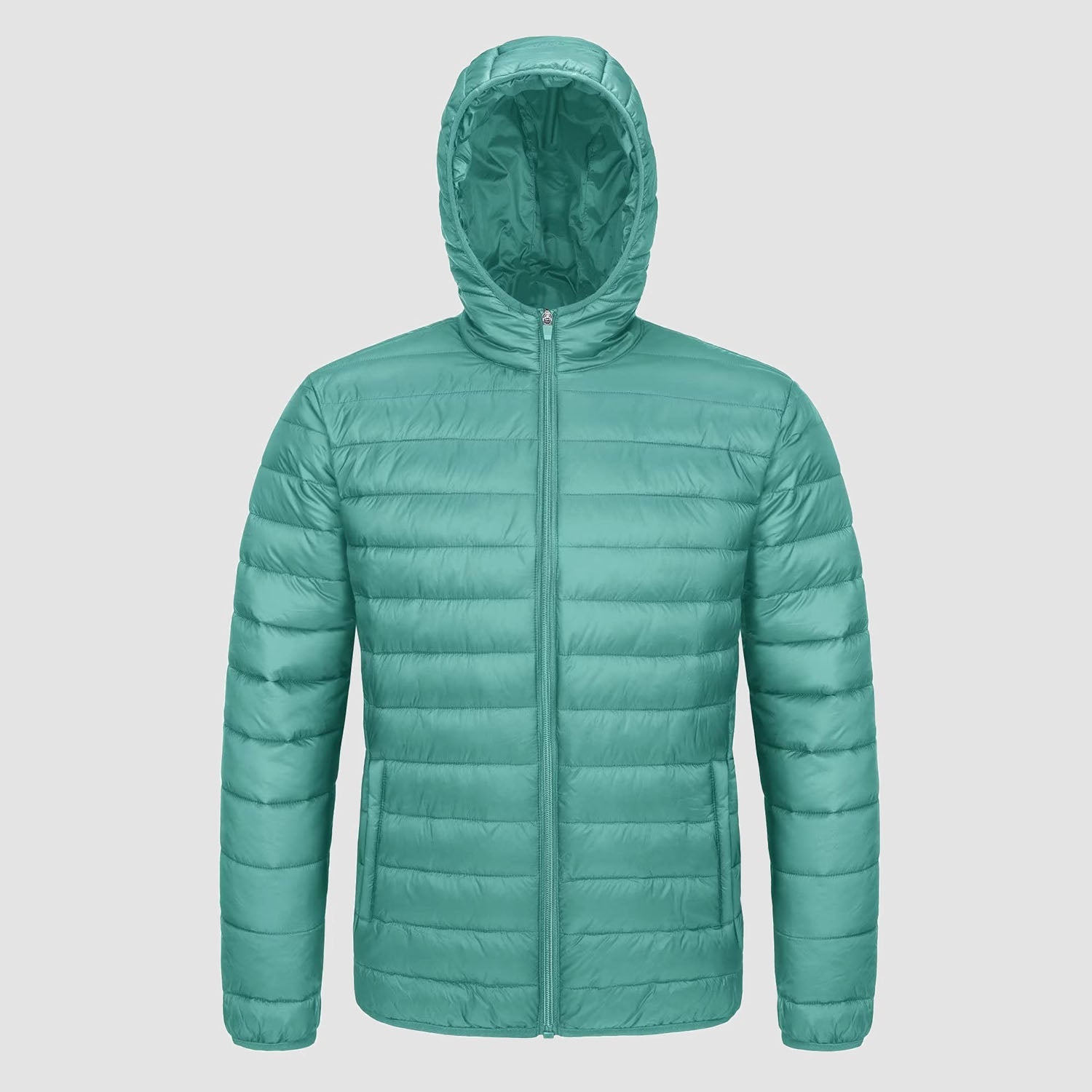 Men's lightweight quilted hooded puffer jacket full-zip navy blue slim-fit elastic hem windproof