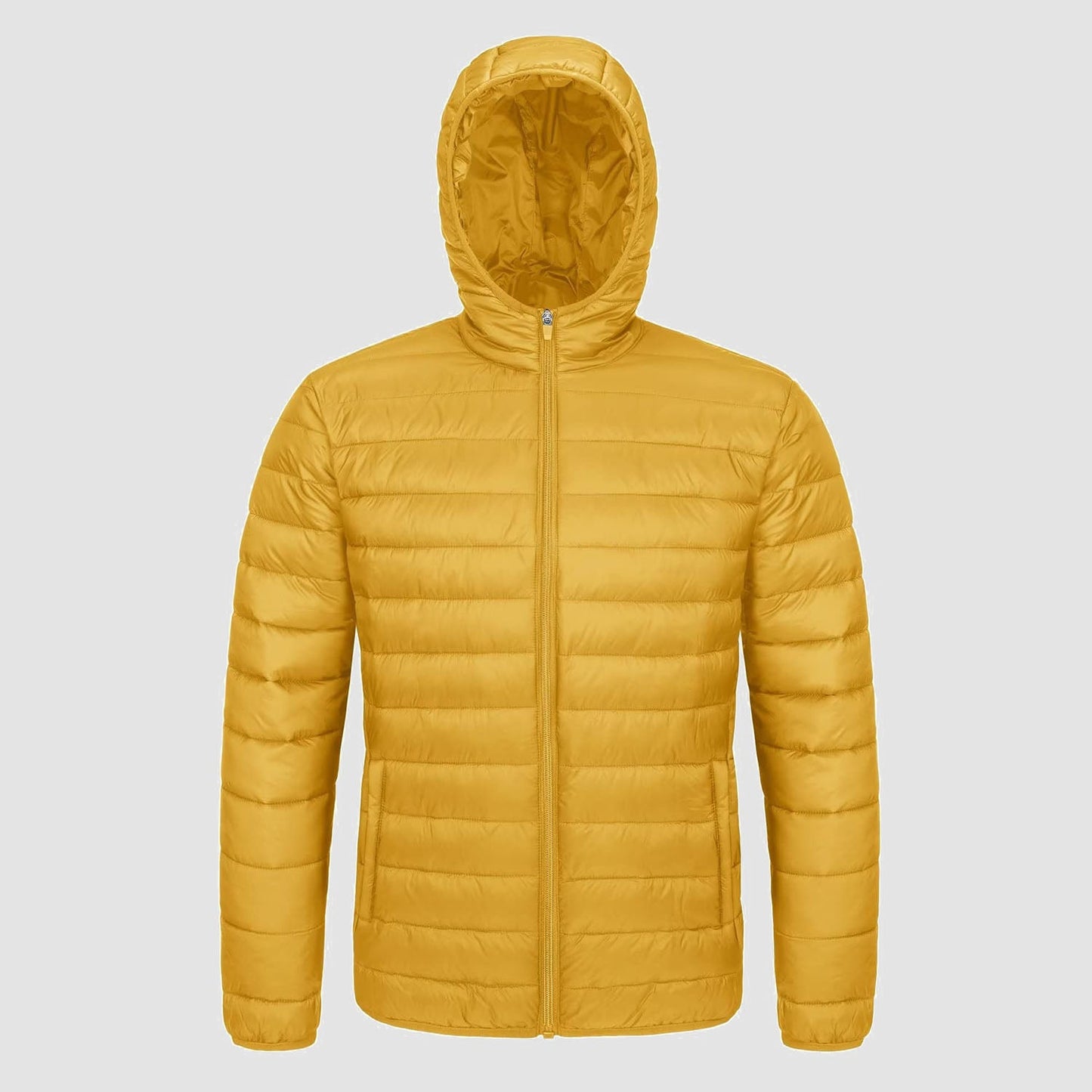Men's lightweight hooded puffer jacket water-resistant windproof with zip pockets, slim fit warmth