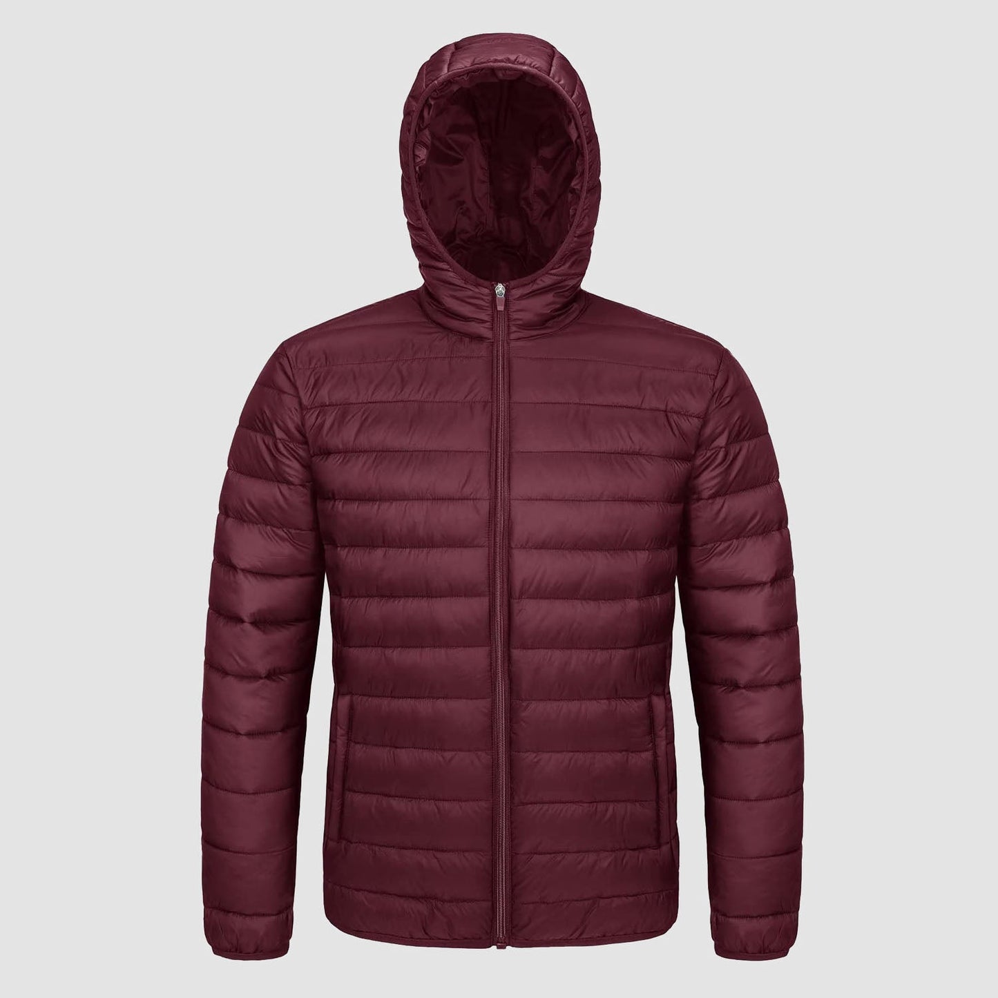Men's lightweight hooded puffer jacket, water-resistant windproof design with zip pockets for outdoor wear