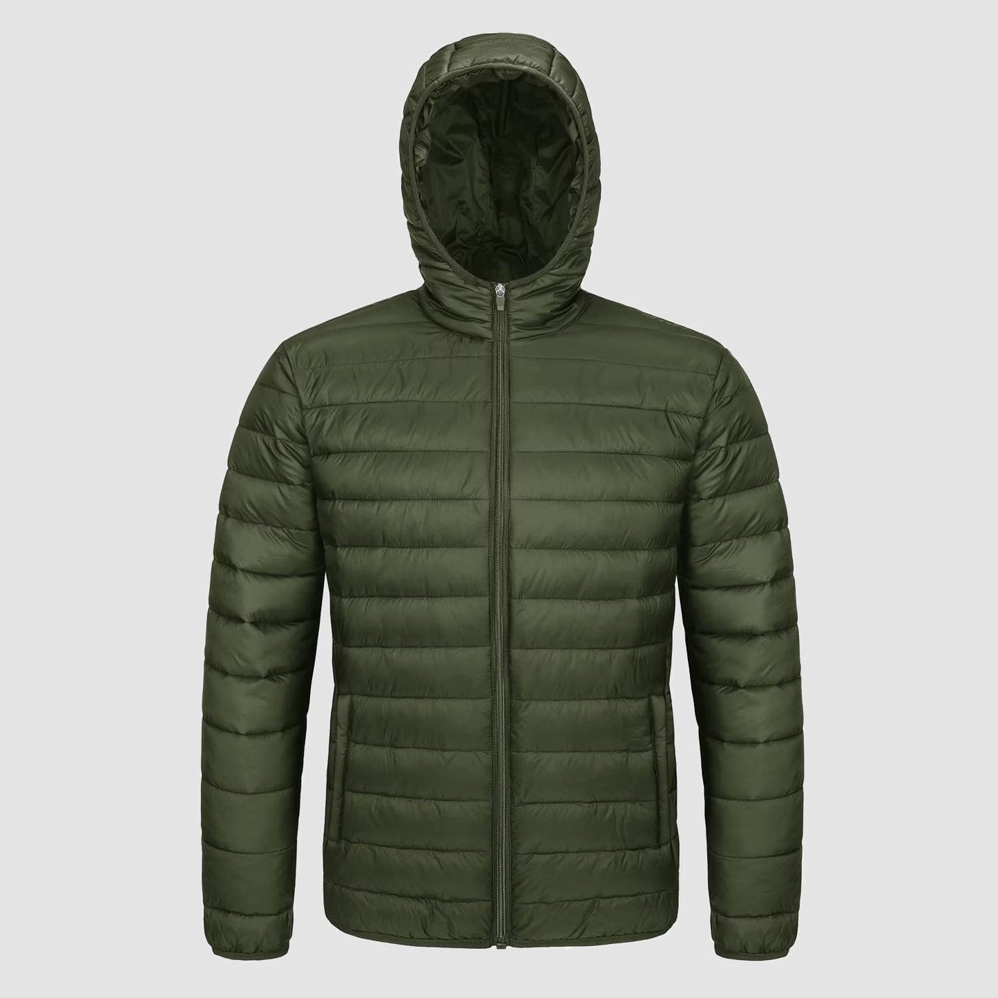 Men's lightweight hooded puffer jacket, water-resistant windproof design with zip pockets for outdoor wear