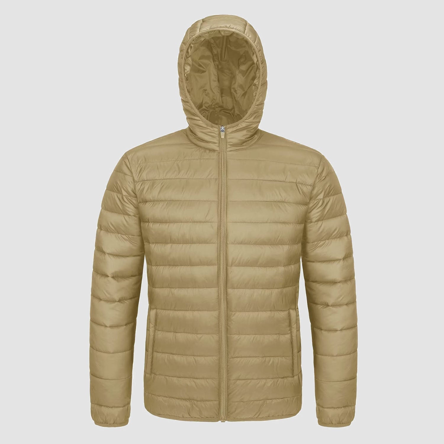 Men's lightweight hooded puffer jacket water-resistant windproof with zip pockets, slim fit warmth