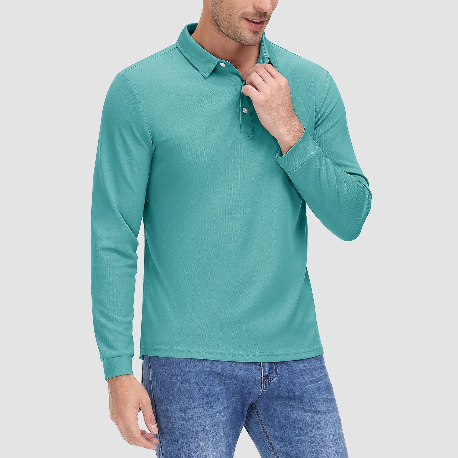 Men's long sleeve quick-dry polo shirt with UPF sun protection, lightweight breathable moisture-wicking performance fit