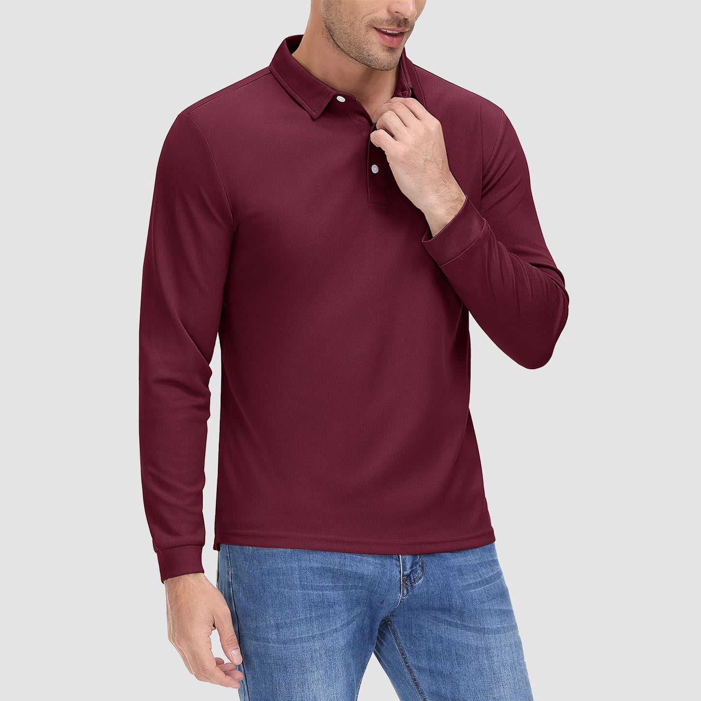 Men's long sleeve quick-dry polo shirt UPF sun protection lightweight breathable moisture-wicking outdoor