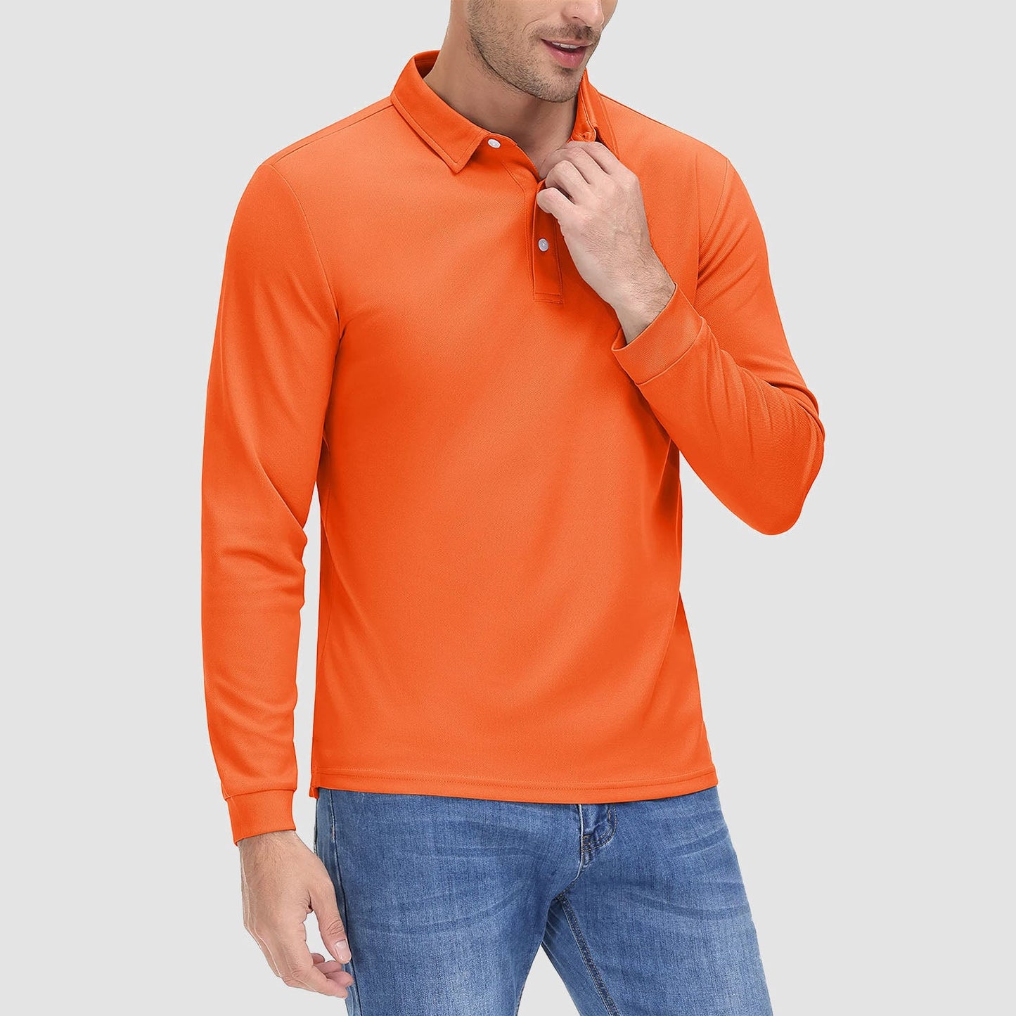 Men's long sleeve quick-dry polo shirt with UPF sun protection, lightweight breathable performance fit