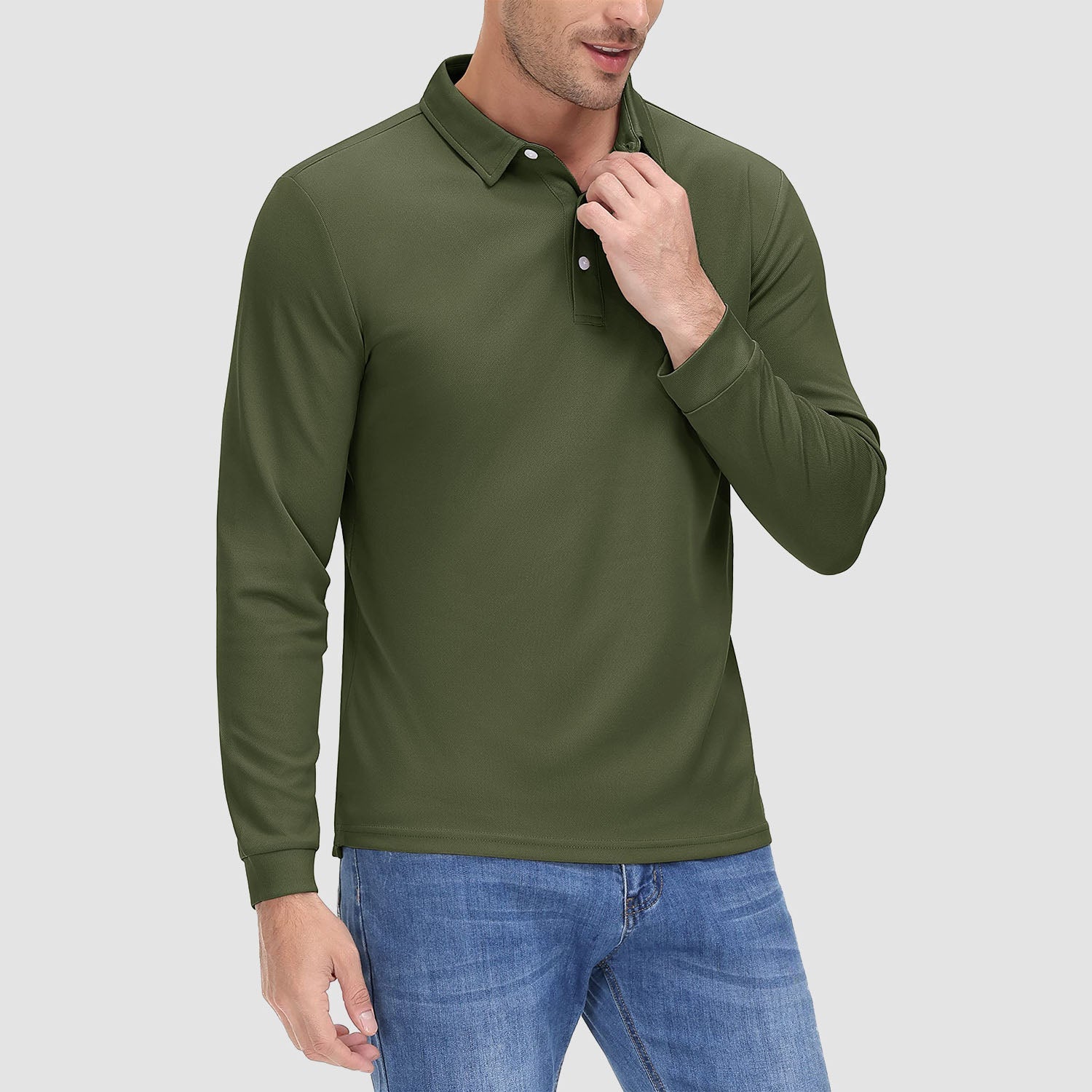 Men's long sleeve quick-dry polo shirt with UPF sun protection, lightweight breathable moisture-wicking performance fit
