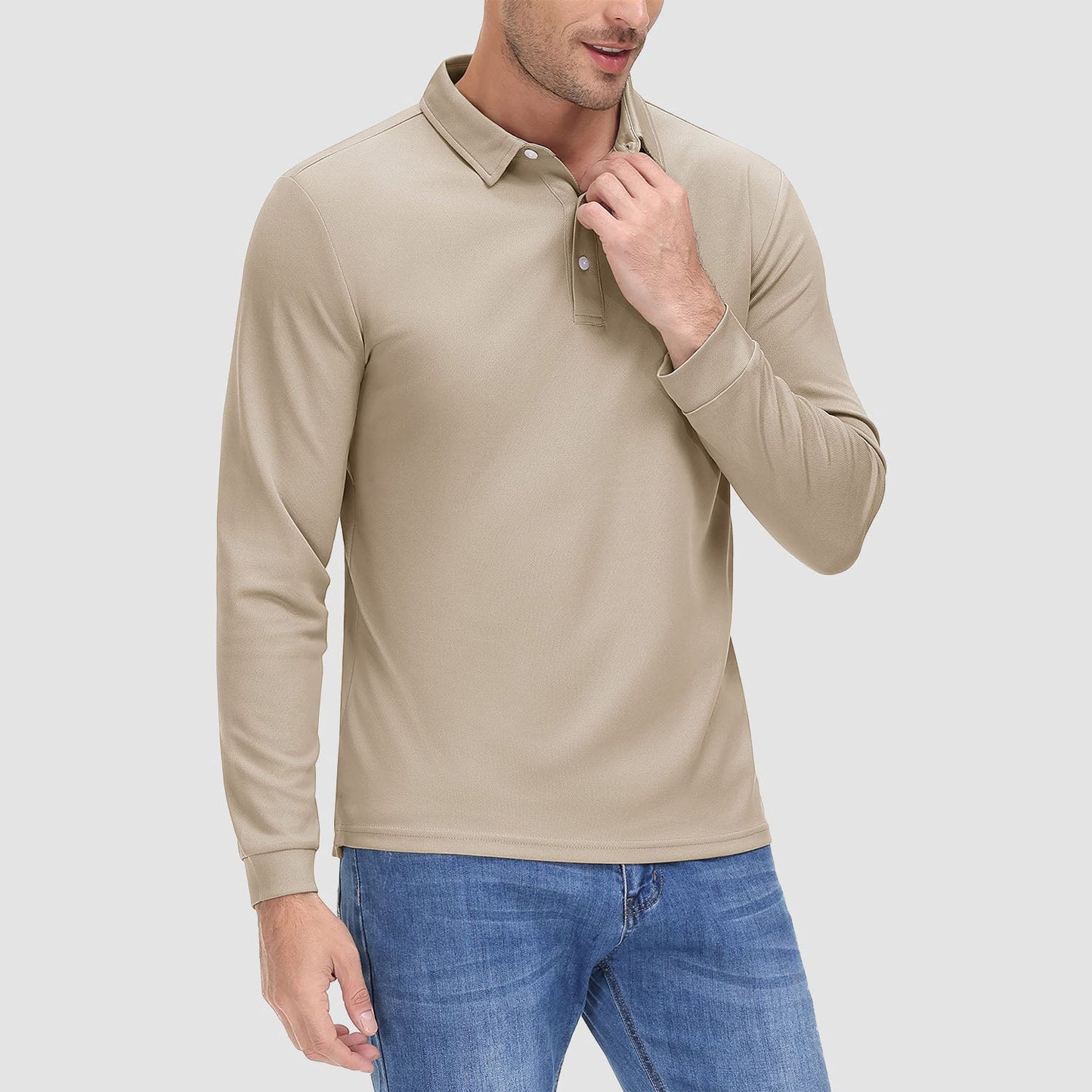 Men's long sleeve quick-dry polo shirt UPF sun protection lightweight breathable moisture-wicking outdoor