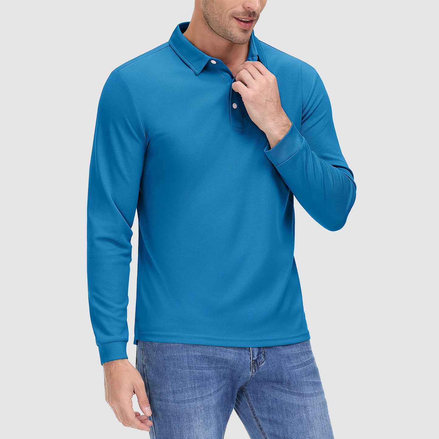 Men's long sleeve quick-dry polo shirt, lightweight breathable UPF sun protection performance fit