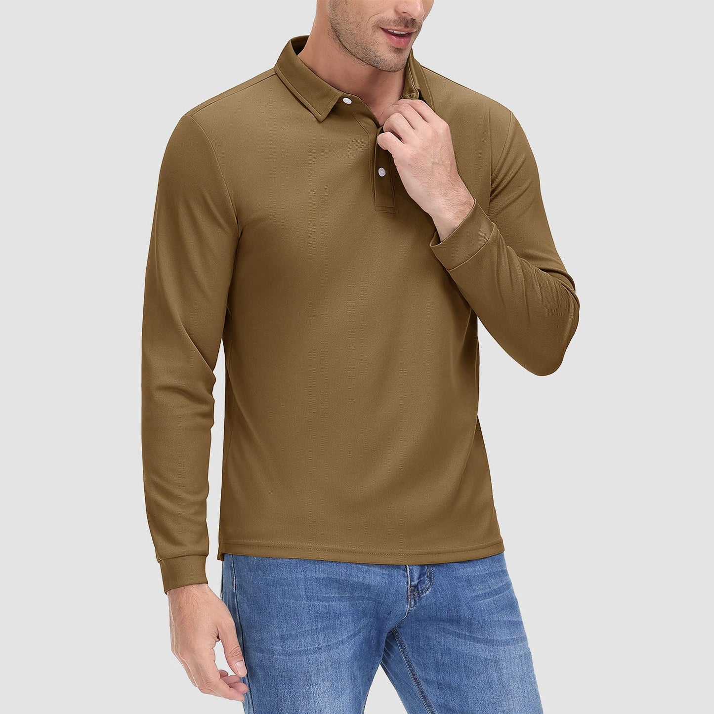 Men's long sleeve quick-dry polo shirt UPF sun protection lightweight breathable moisture-wicking outdoor