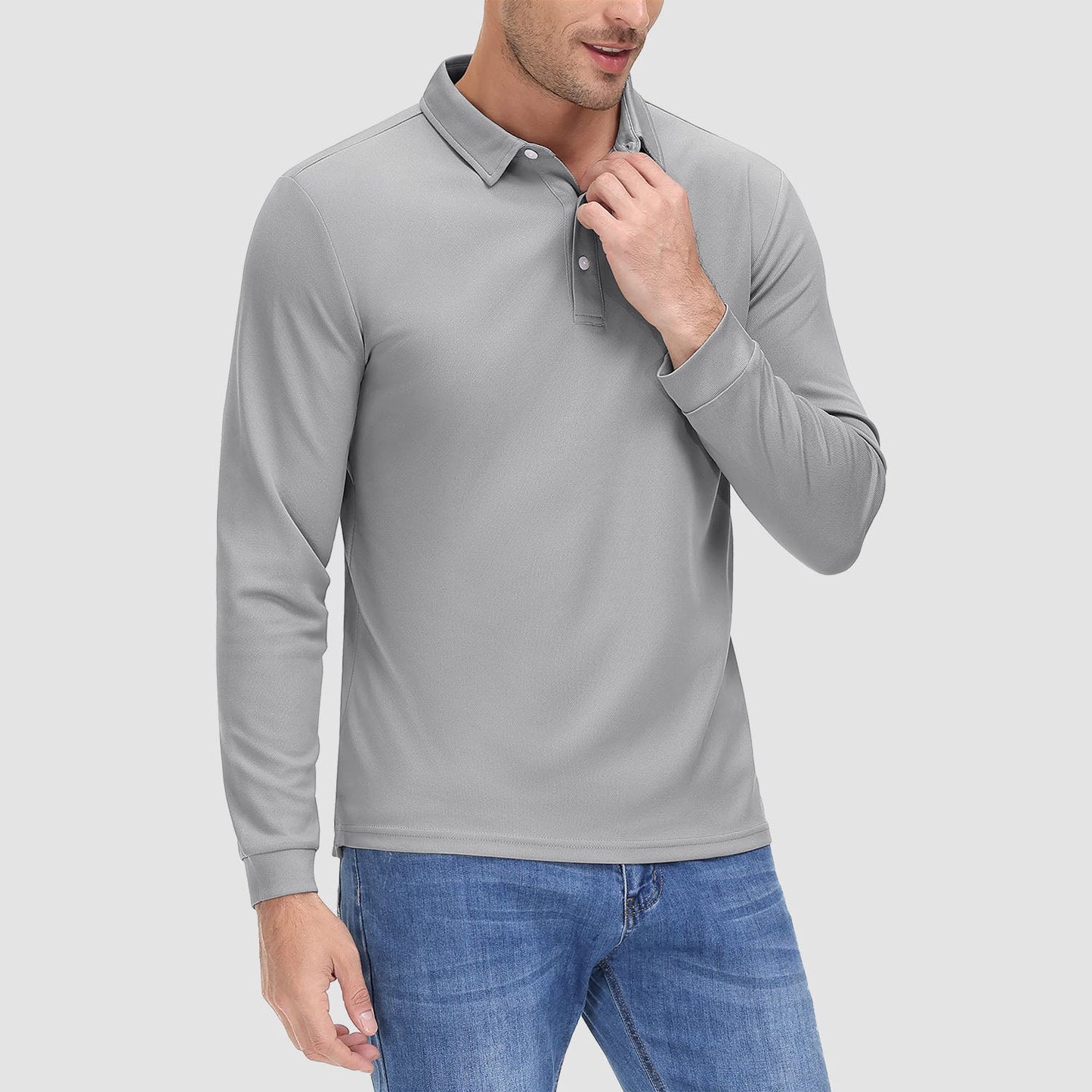 Men's long sleeve quick-dry polo shirt with UPF sun protection, lightweight breathable performance fit