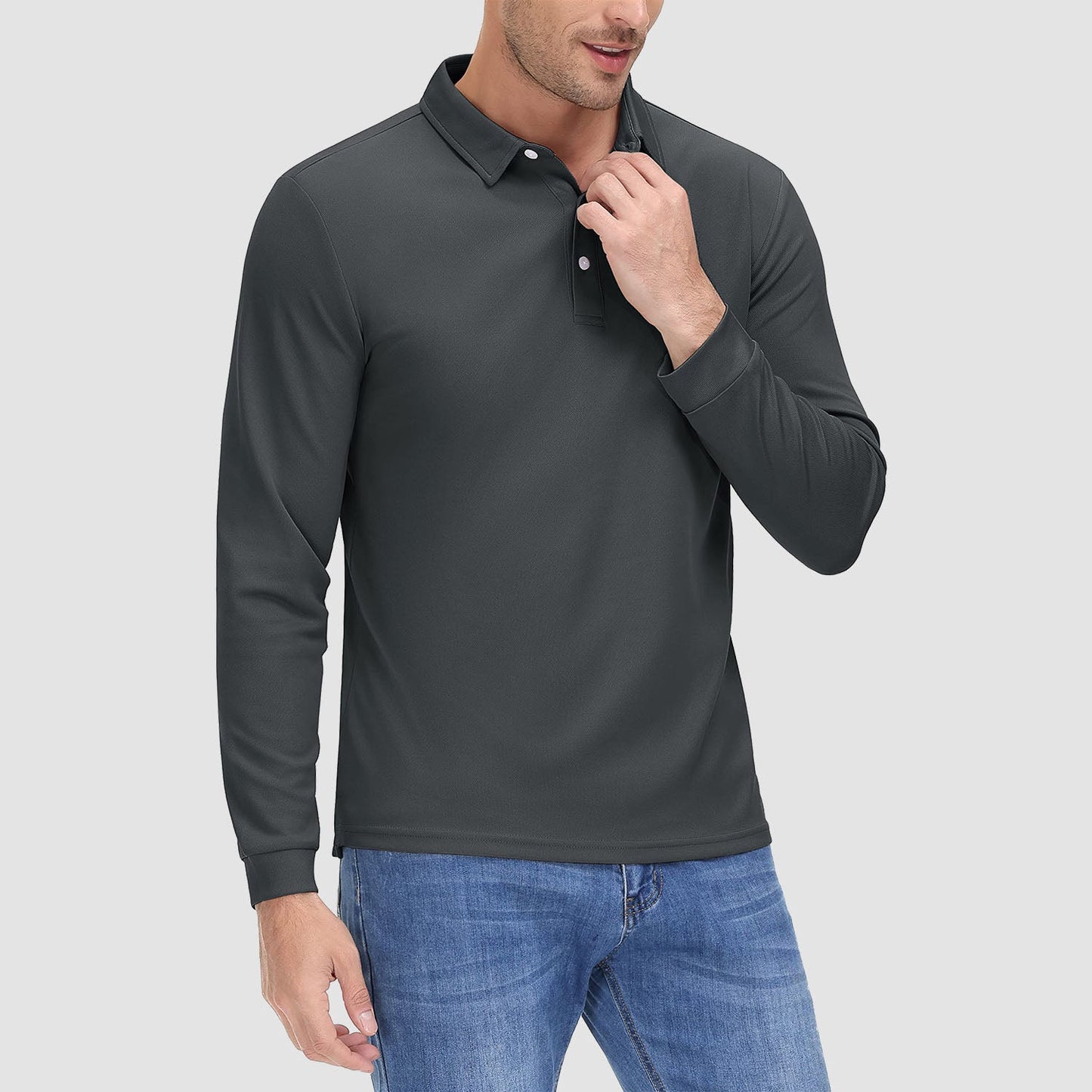 Men's long sleeve quick-dry polo shirt with UPF sun protection, lightweight breathable moisture-wicking performance fit