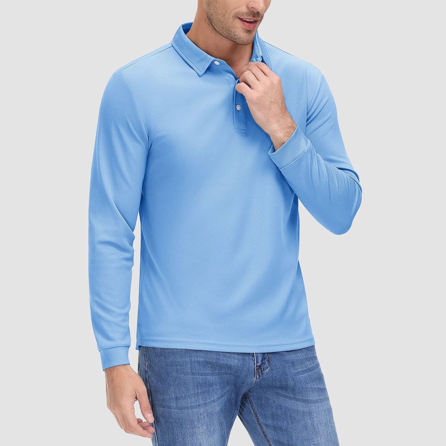 Men's long sleeve quick-dry polo shirt with UPF sun protection, lightweight breathable performance fit