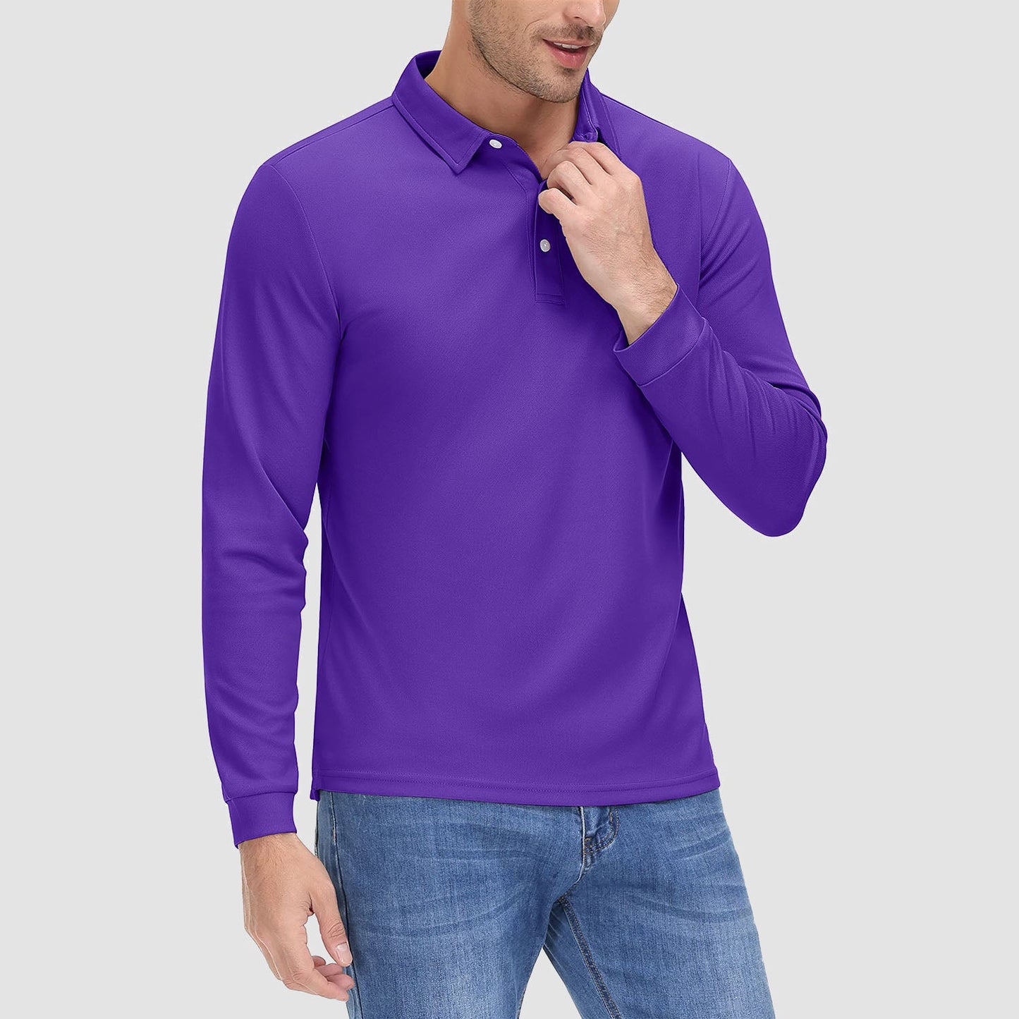 Men's long sleeve quick-dry polo shirt with UPF sun protection, lightweight breathable moisture-wicking performance fit