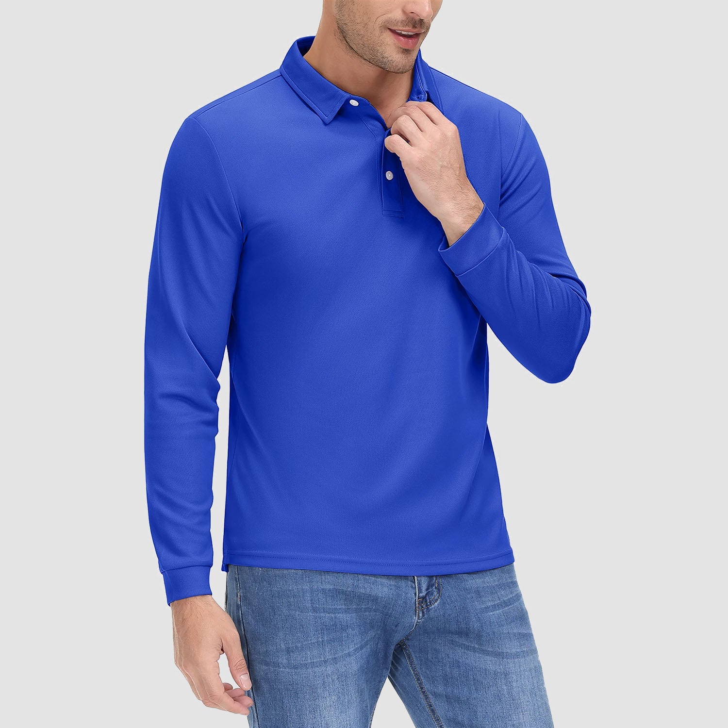 Men's long sleeve quick-dry polo shirt with UPF sun protection, lightweight breathable moisture-wicking performance fit