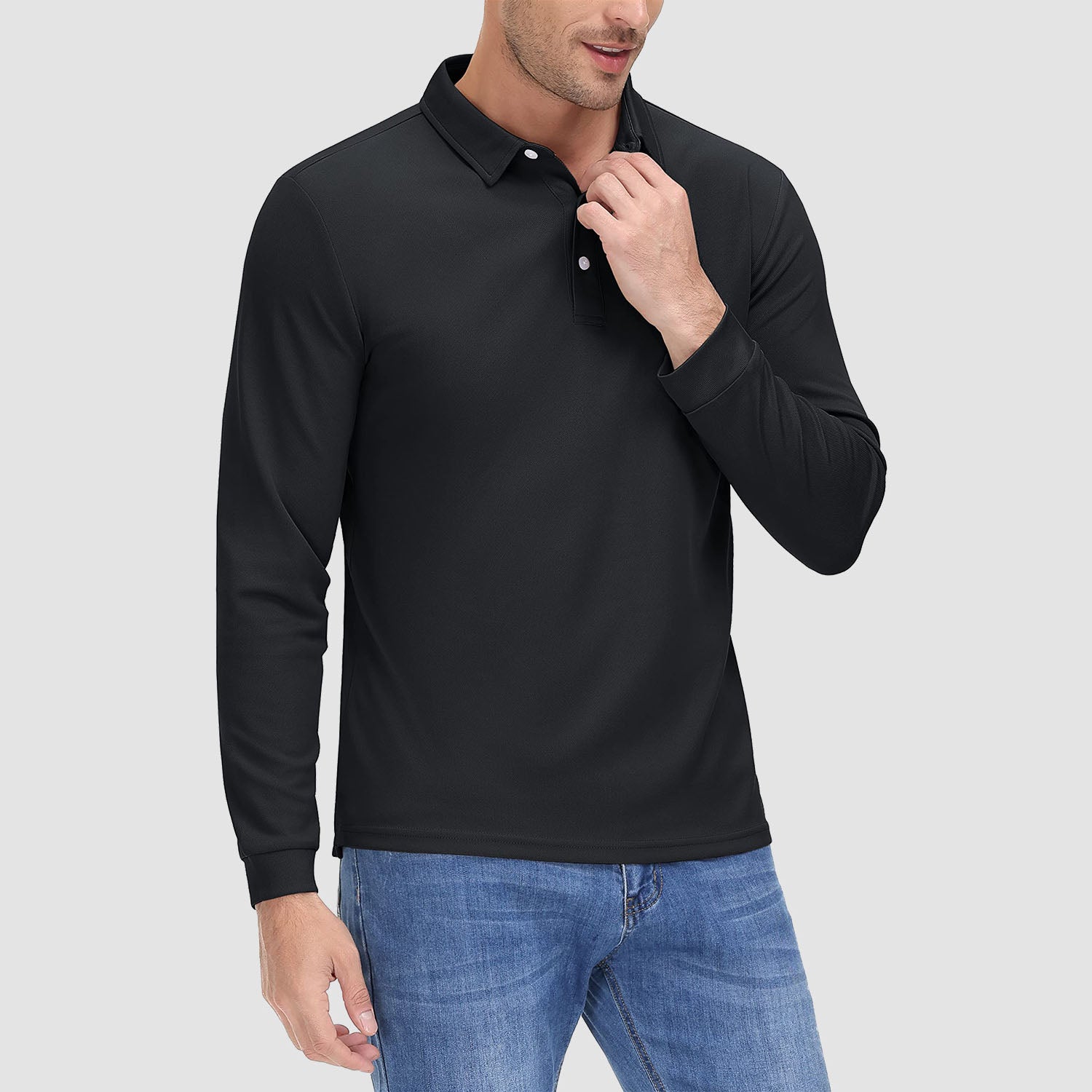 Men's long sleeve quick-dry polo shirt with UPF sun protection, lightweight breathable performance fit