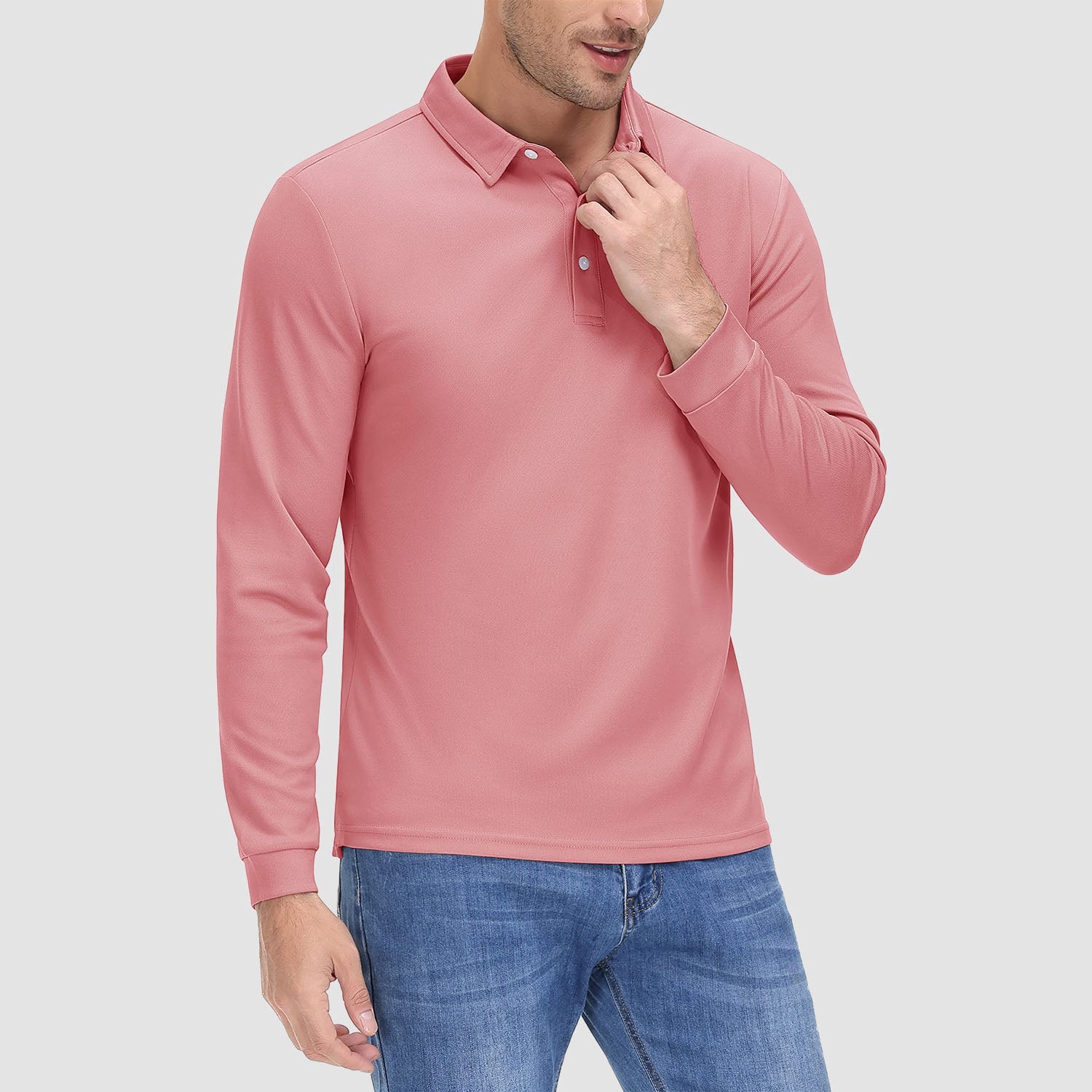 Men's long sleeve quick-dry polo shirt, lightweight breathable UPF sun protection, moisture-wicking performance fit