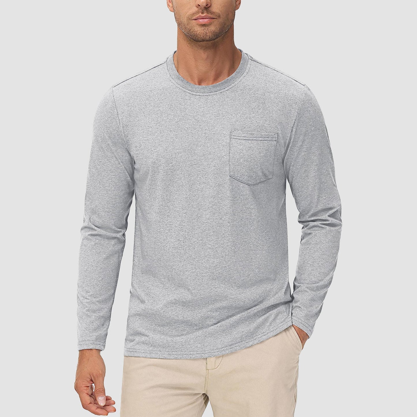 Men's lightweight long sleeve cotton shirt in heather grey, casual fit with moisture-wicking breathable fabric