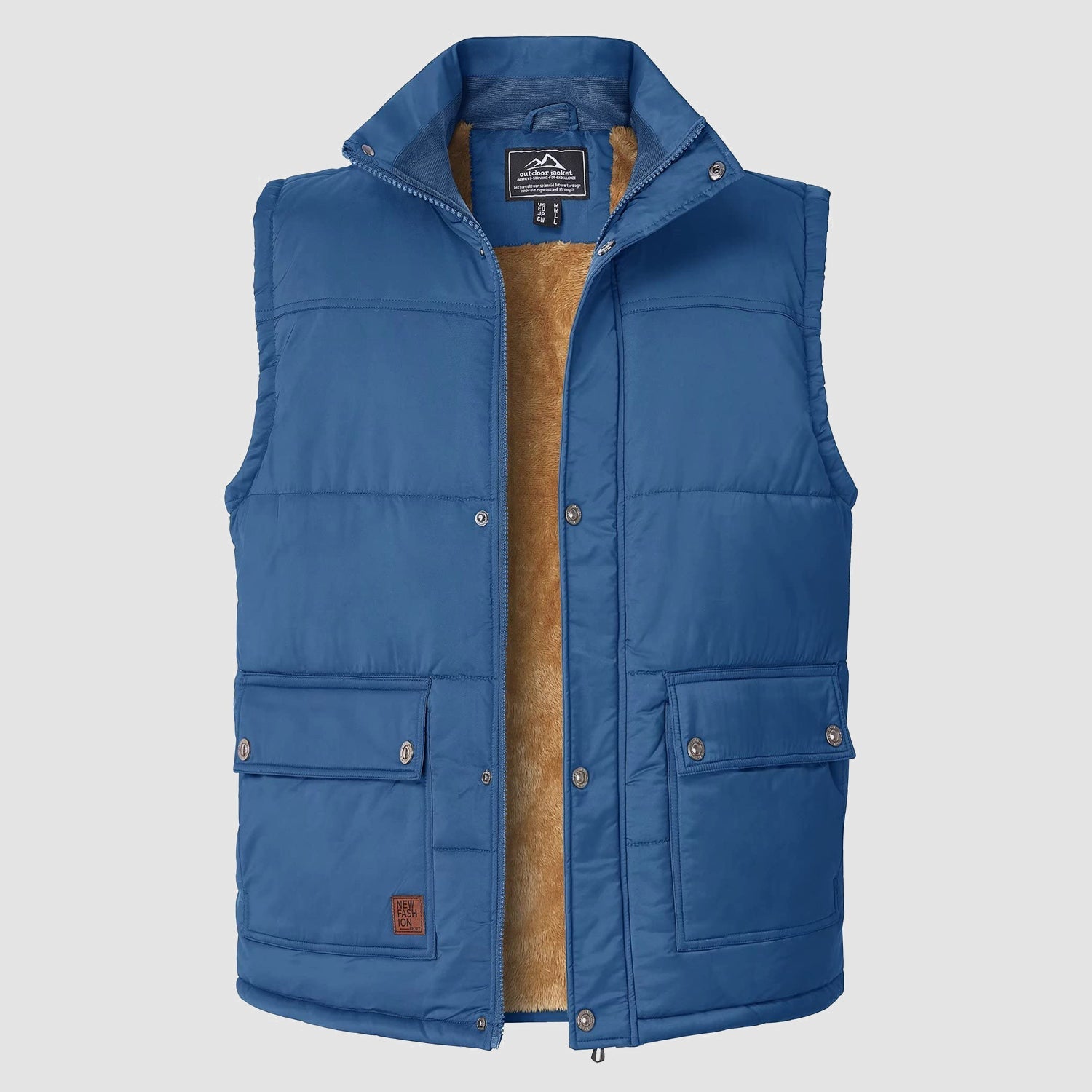 Men's padded fleece-lined sleeveless vest with stand collar and 3 pockets, windproof warmth