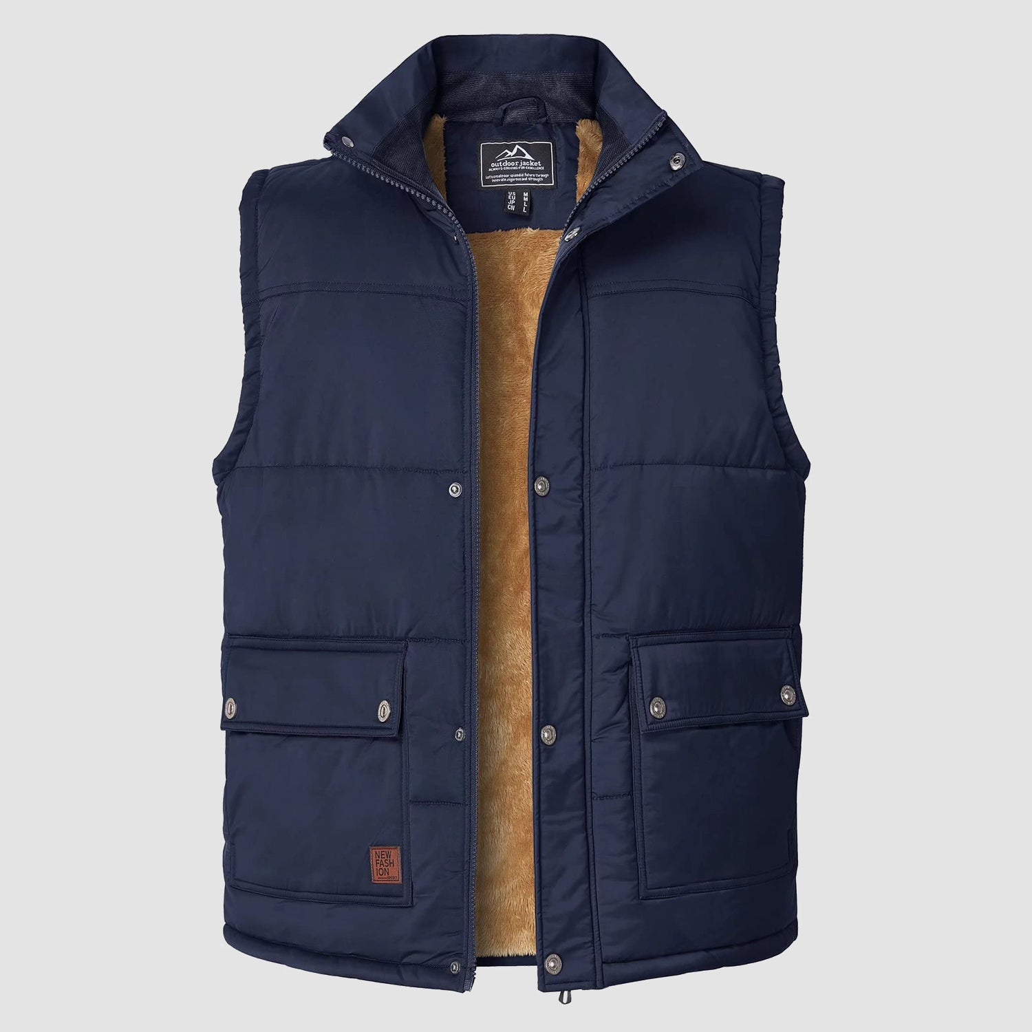 Men's padded fleece-lined sleeveless vest with stand collar, 3 pockets, windproof casual jacket
