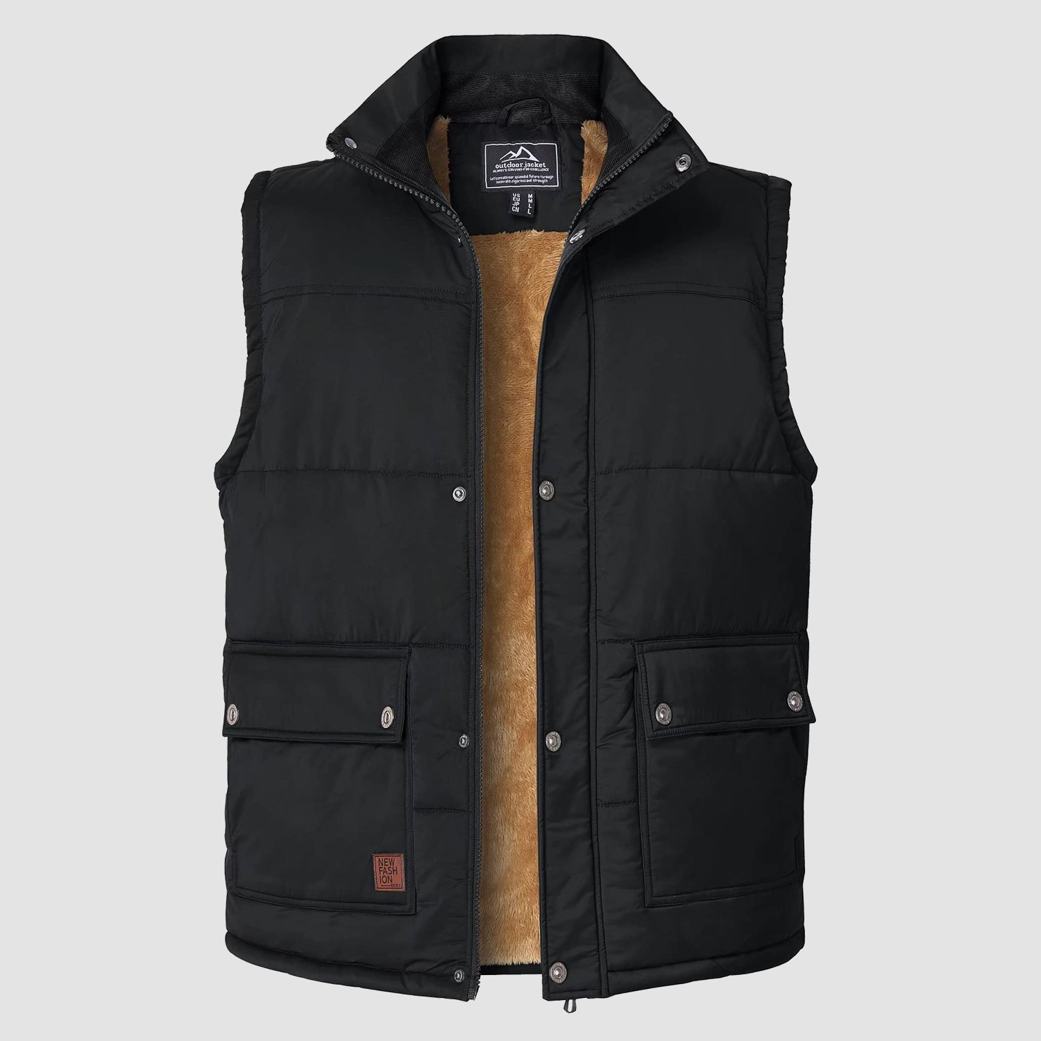 Men's padded fleece-lined sleeveless vest with stand collar and 3-pocket windproof design